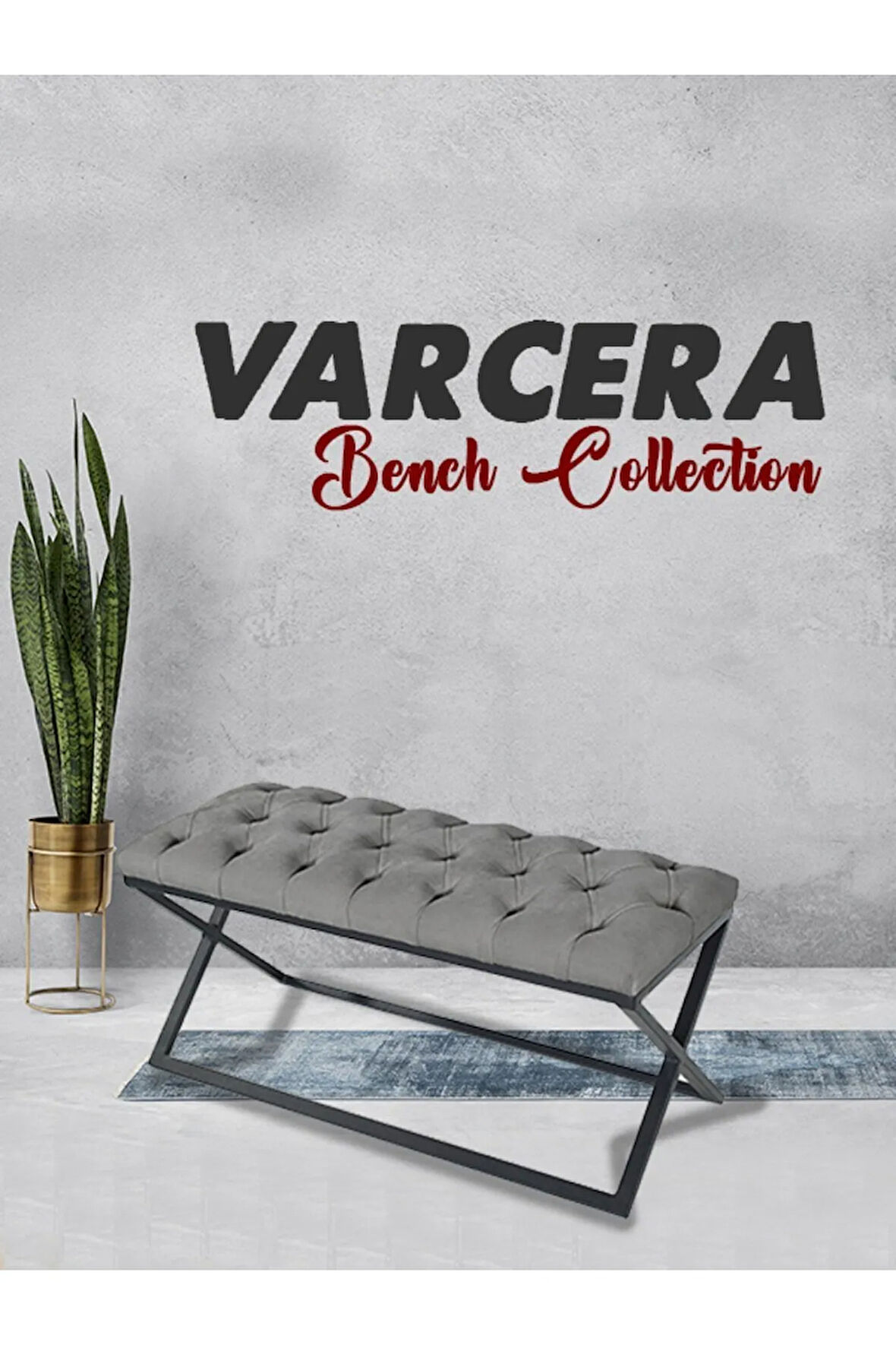 Varcera Gri Puf - Siyah Çapraz Metal Ayaklı, Kapitoneli Chester Model Bench Puf