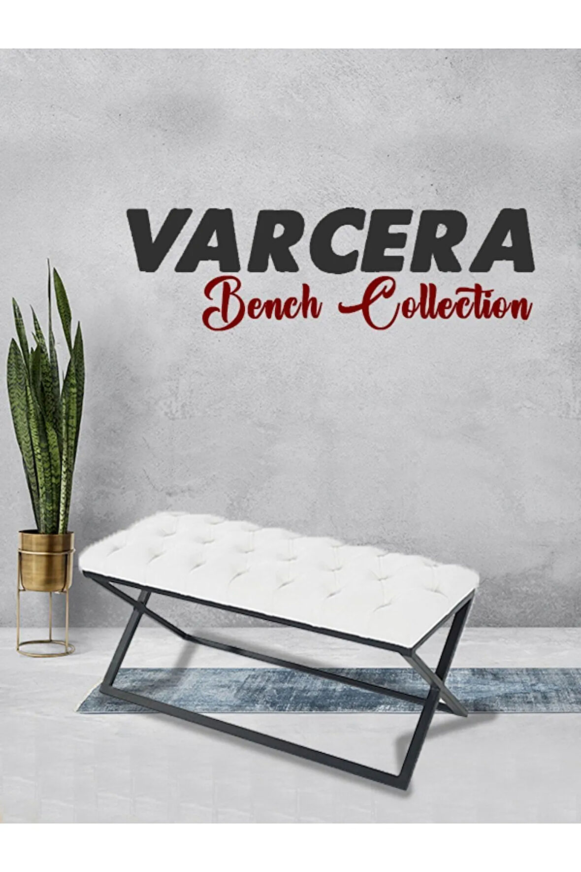 Varcera Beyaz Puf - Siyah Çapraz Metal Ayaklı, Kapitoneli Chester Model Bench Puf