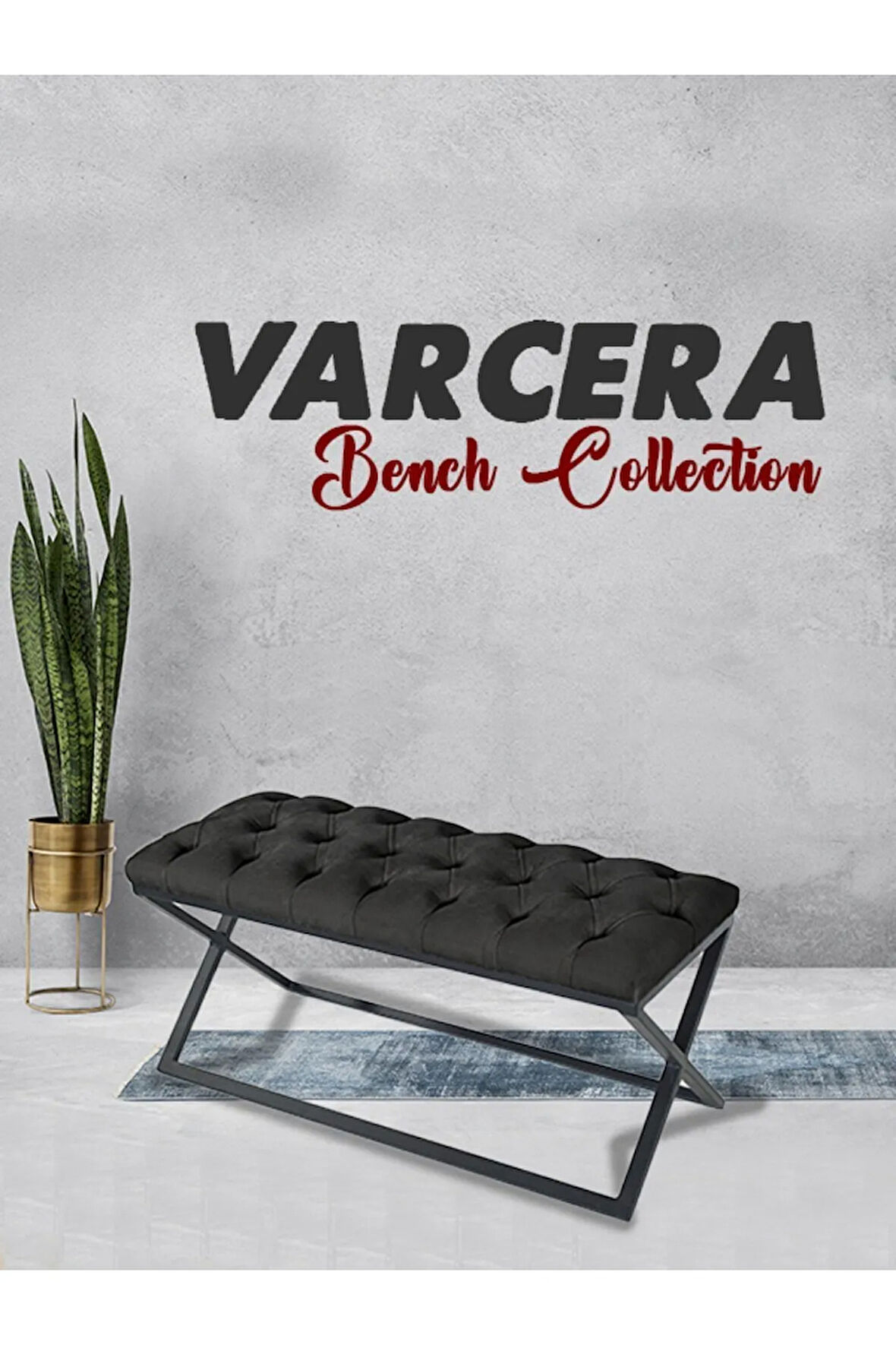 Varcera Antrasit Puf - Siyah Çapraz Metal Ayaklı, Kapitoneli Chester Model Bench Puf