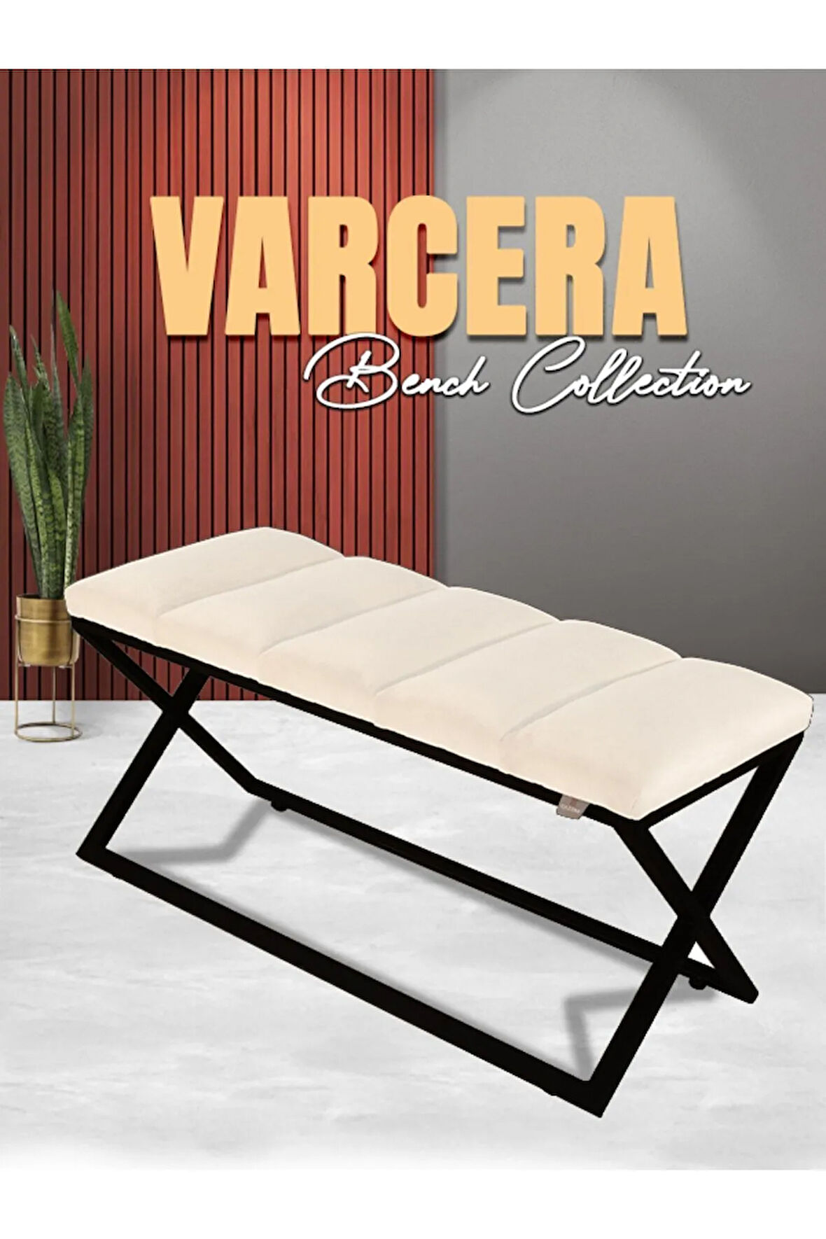 Varcera Sliced Beyaz Puf - Siyah Çapraz Metal Ayaklı, Dilimli Model Bench Puf