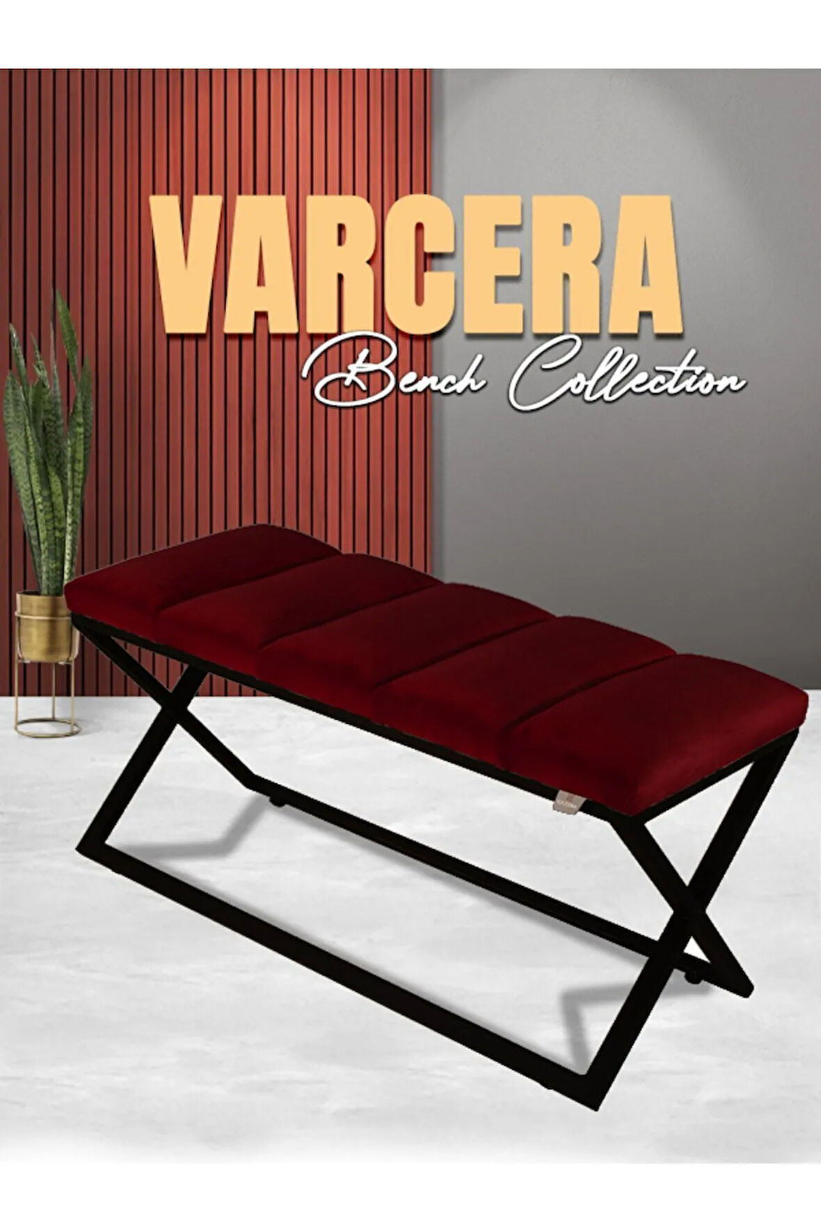 Varcera Sliced Bordo Puf - Siyah Çapraz Metal Ayaklı, Dilimli Model Bench Puf