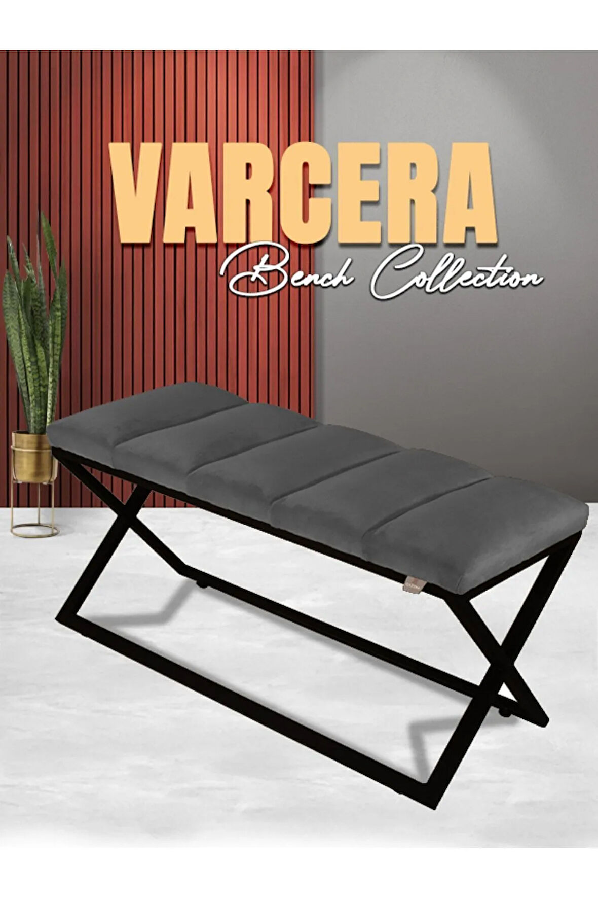 Varcera Sliced Gri Puf - Siyah Çapraz Metal Ayaklı, Dilimli Model Bench Puf