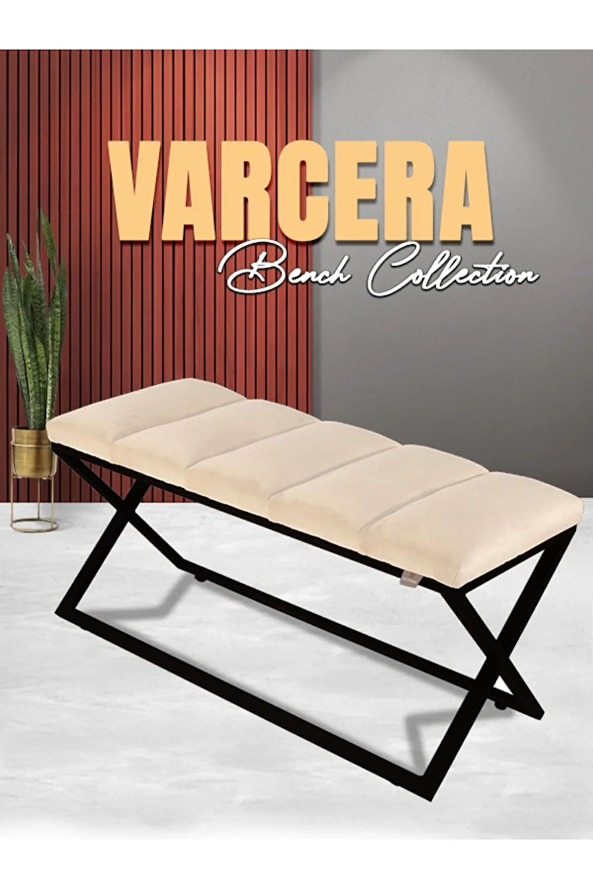 Varcera Sliced Krem Puf - Siyah Çapraz Metal Ayaklı, Dilimli Model Bench Puf