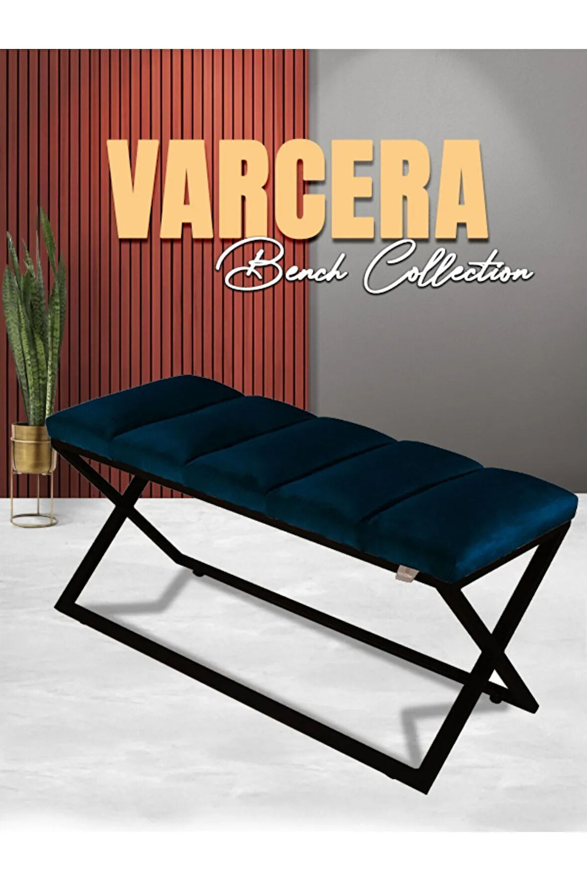 Varcera Sliced Mavi Puf - Siyah Çapraz Metal Ayaklı, Dilimli Model Bench Puf