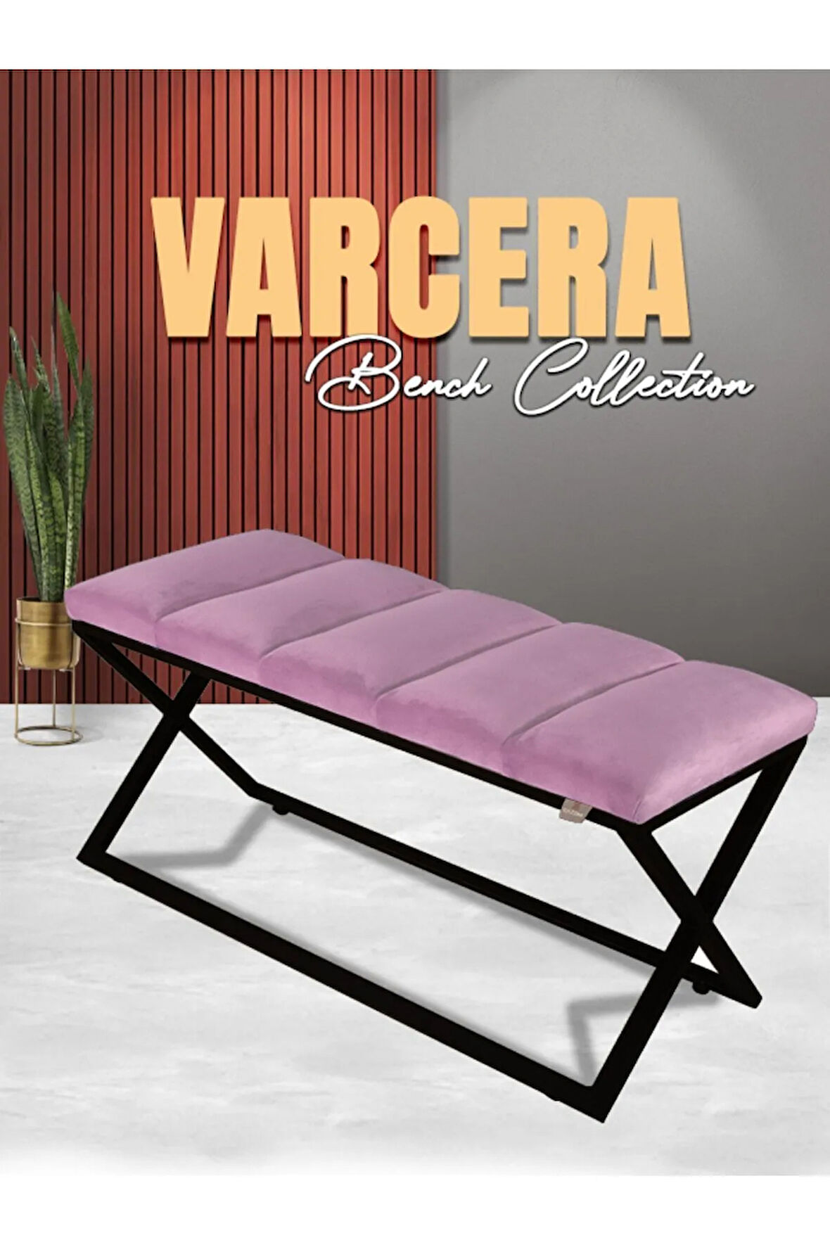 Varcera Sliced Pembe Puf - Siyah Çapraz Metal Ayaklı, Dilimli Model Bench Puf