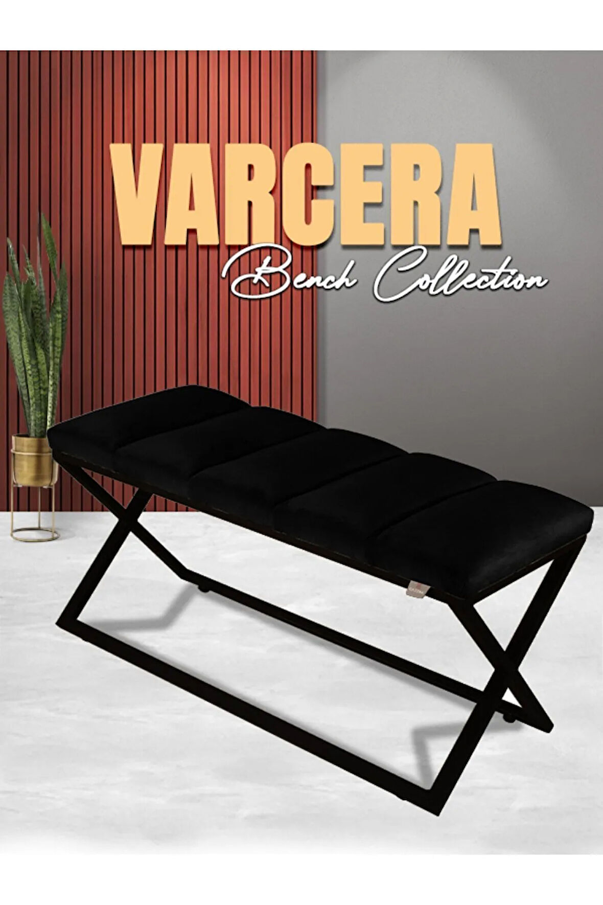 Varcera Sliced Siyah Puf - Siyah Çapraz Metal Ayaklı, Dilimli Model Bench Puf