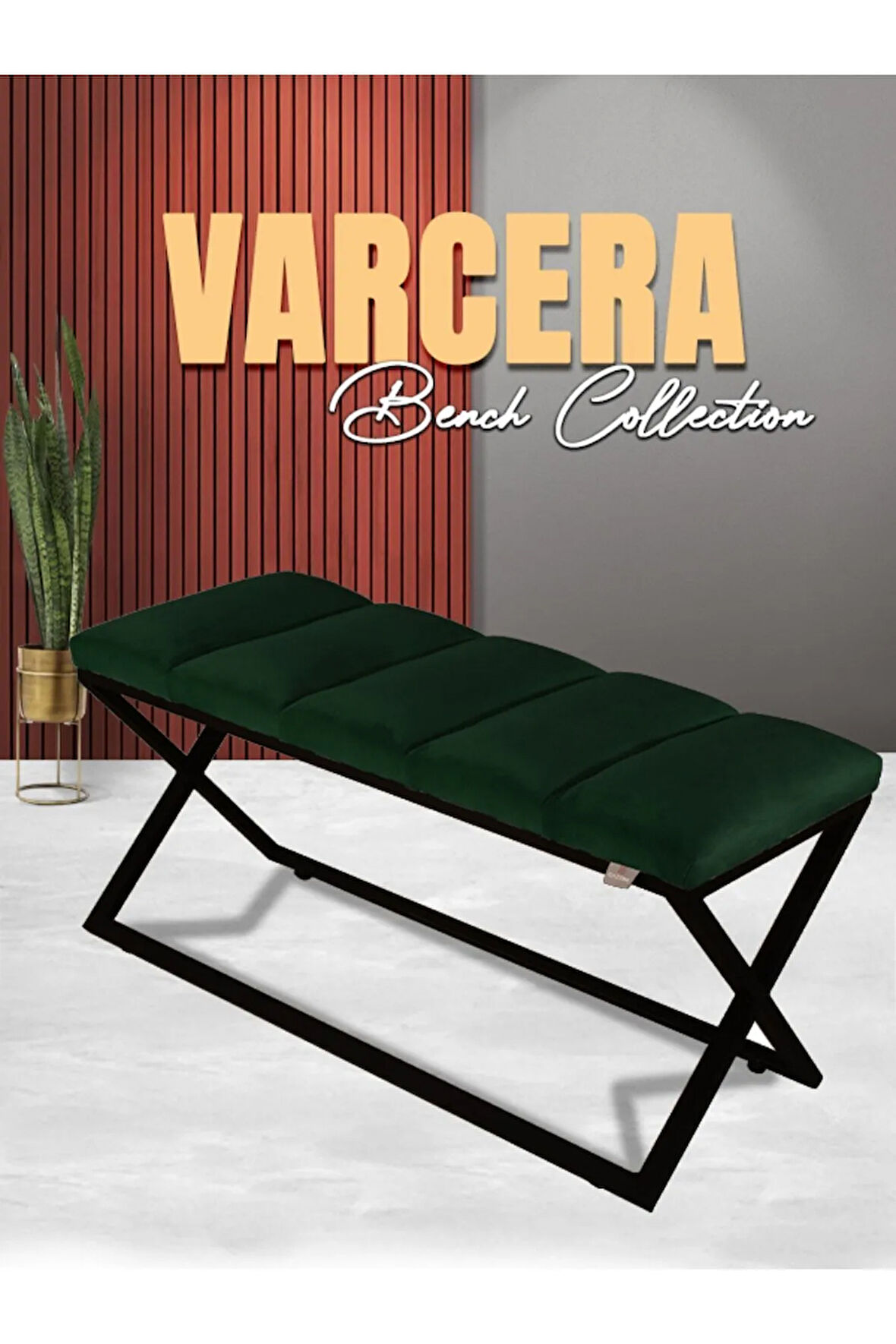 Varcera Sliced Yeşil Puf - Siyah Çapraz Metal Ayaklı, Dilimli Model Bench Puf