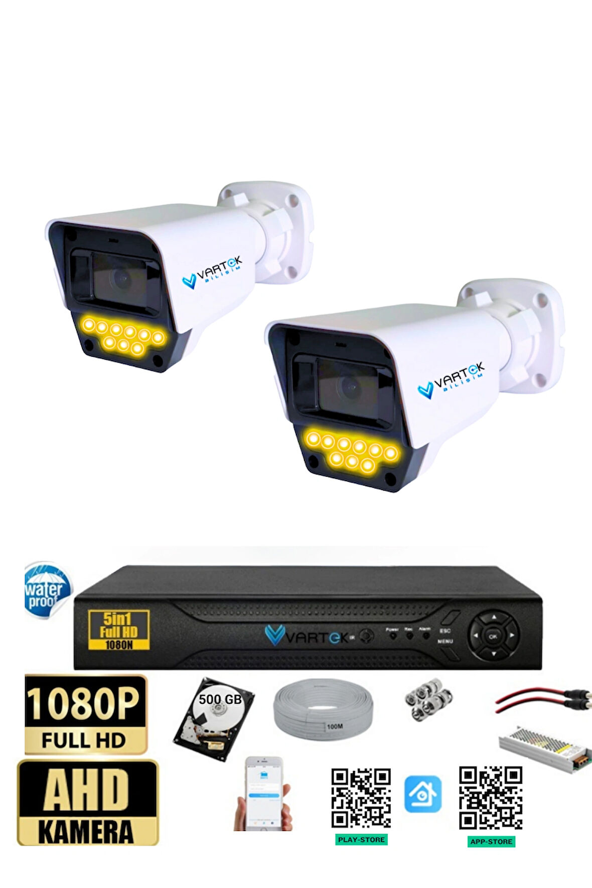 2 Kameralı Set - 500 GB HDD, 9 LED Gece Görüşlü Full HD Güvenlik Kamerası Sistemi