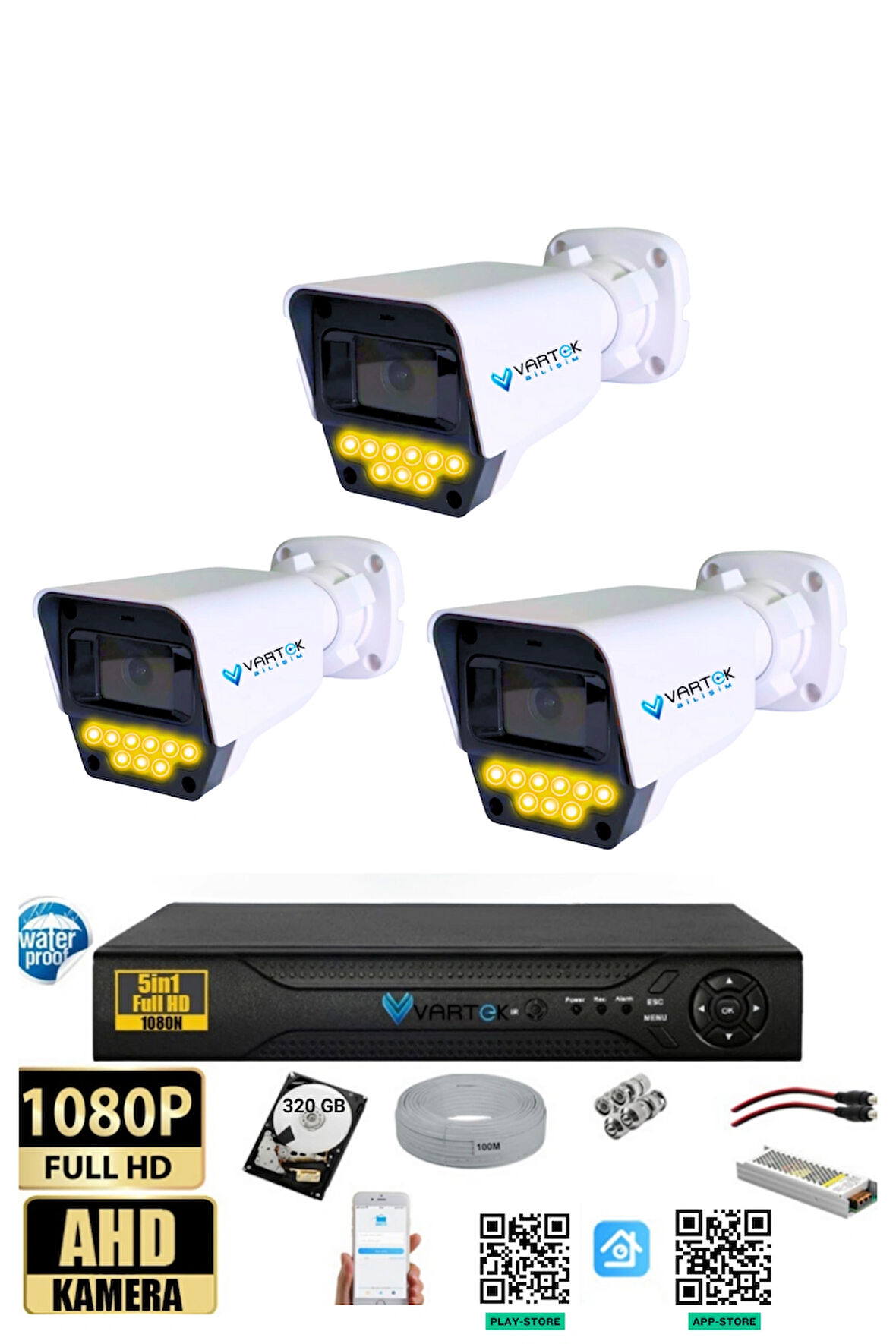 3 Kameralı Set - 320 GB HDD, 9 LED Gece Görüşlü Full HD Güvenlik Kamerası Sistemi