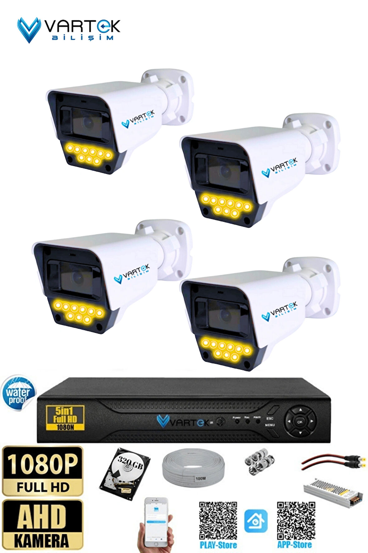 4 Kameralı Set - 320 GB HDD, 9 LED Gece Görüşlü Full HD Güvenlik Kamerası Sistemi