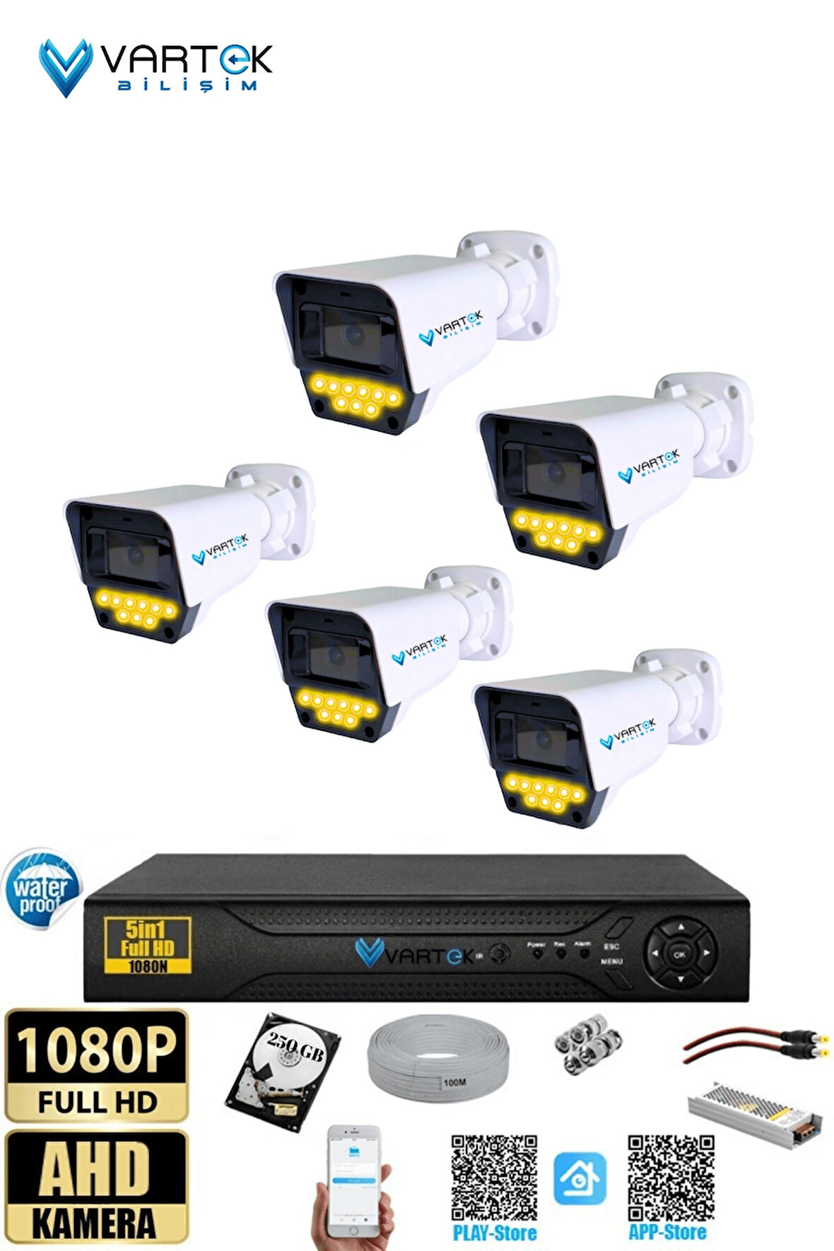 5 Kameralı Set - 250 GB HDD, 9 LED Gece Görüşlü Full HD Güvenlik Kamerası Sistemi