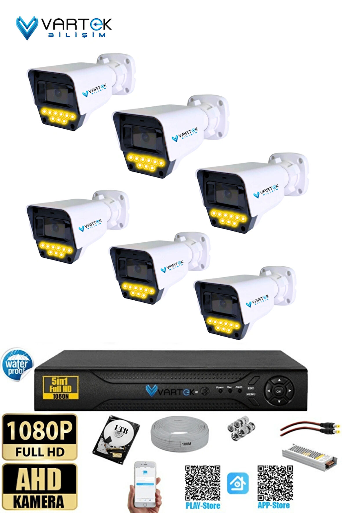 6 Kameralı Set - 1 TB HDD, 9 LED Gece Görüşlü Full HD Güvenlik Kamerası Sistemi