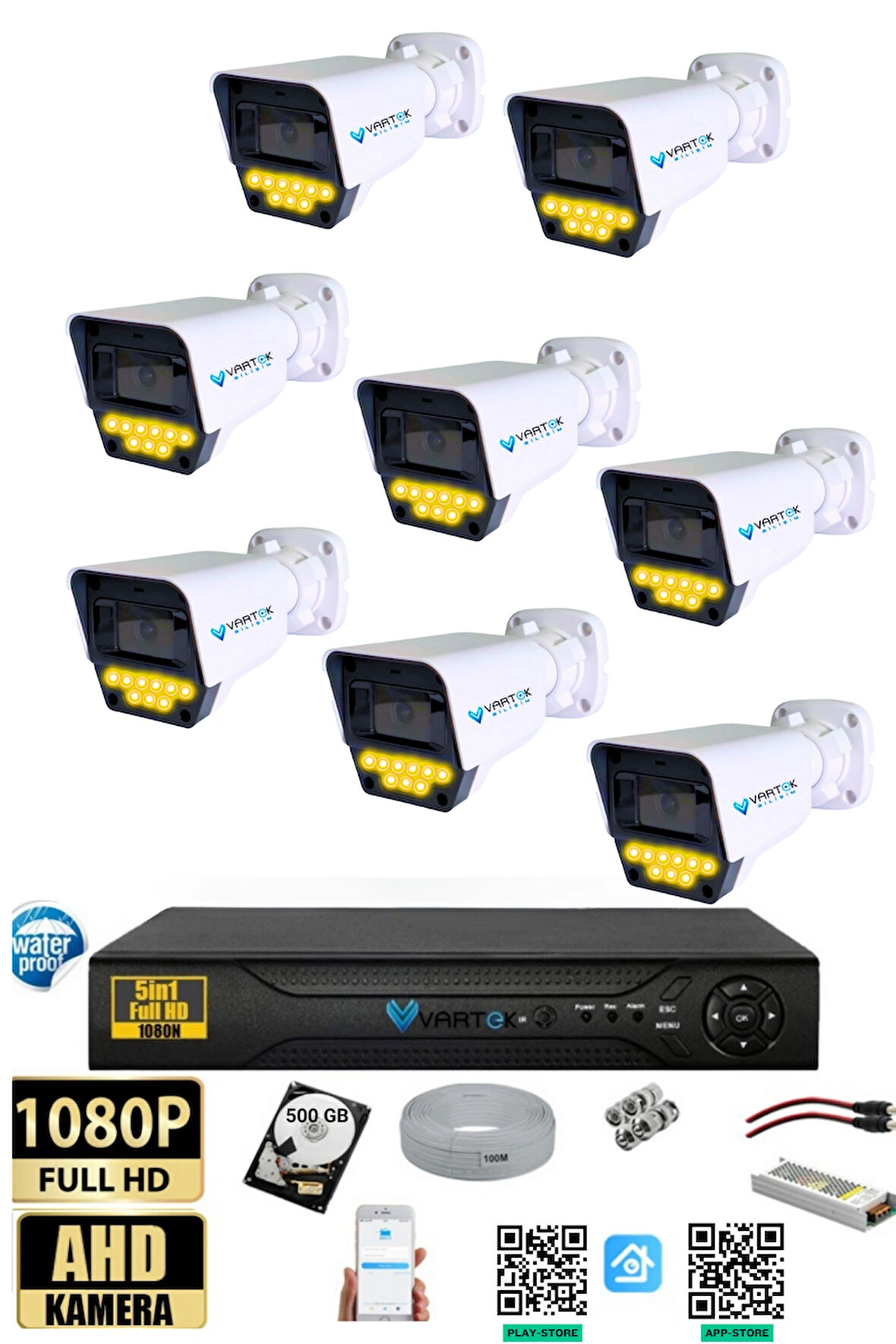 8 Kameralı Set - 500 GB HDD, 9 LED Gece Görüşlü Full HD Güvenlik Kamerası Sistemi