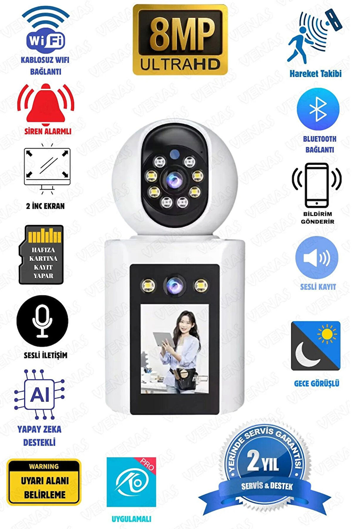 Çift kameralı Monitörlü Full HD Alarmlı ev ofis bebek Güvenlik kamerası