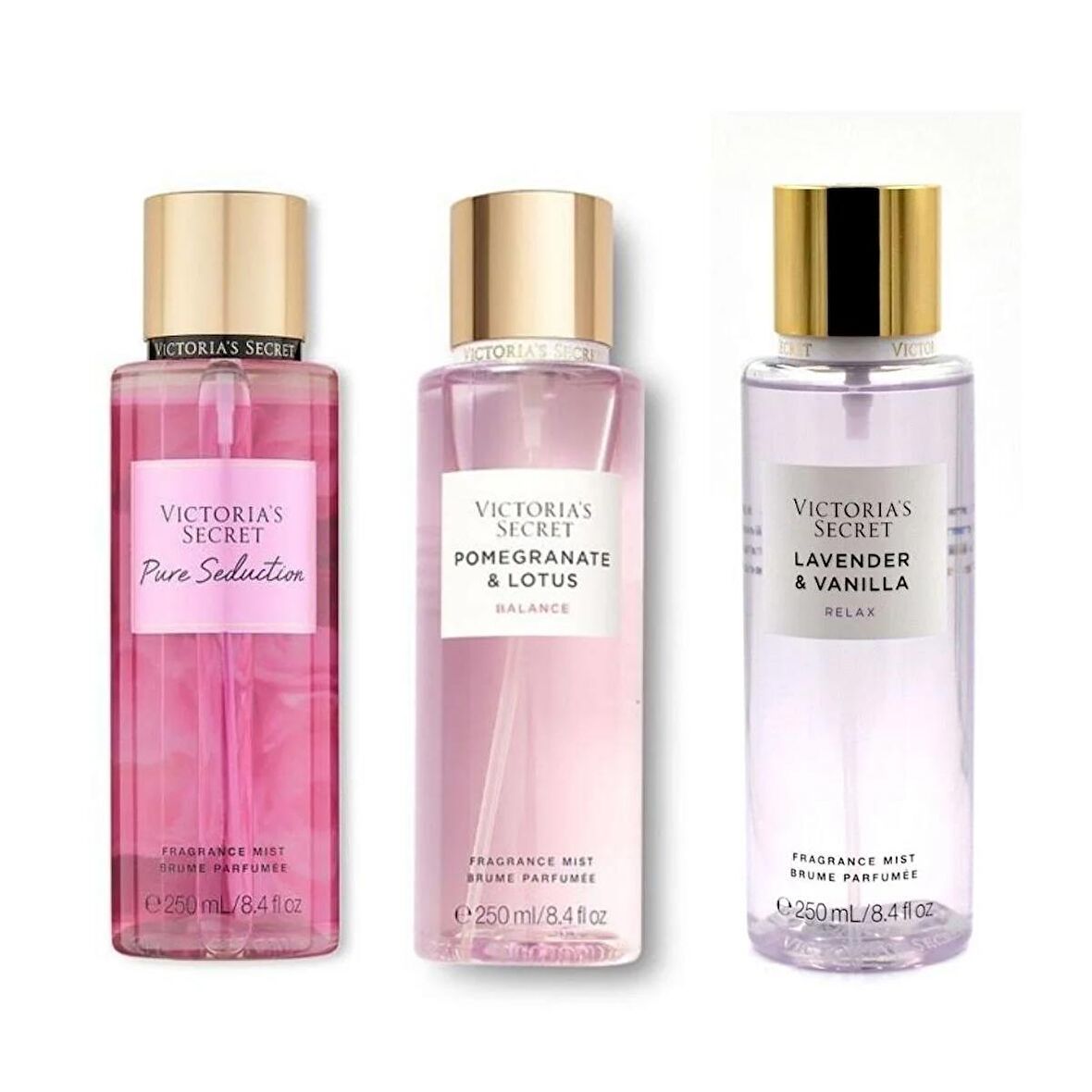 VICTORIA'S SECRET Pure Seduction-Pomegranate&Lotus-Lavender&Vanilla Vücut Spreyi Üçlü Set