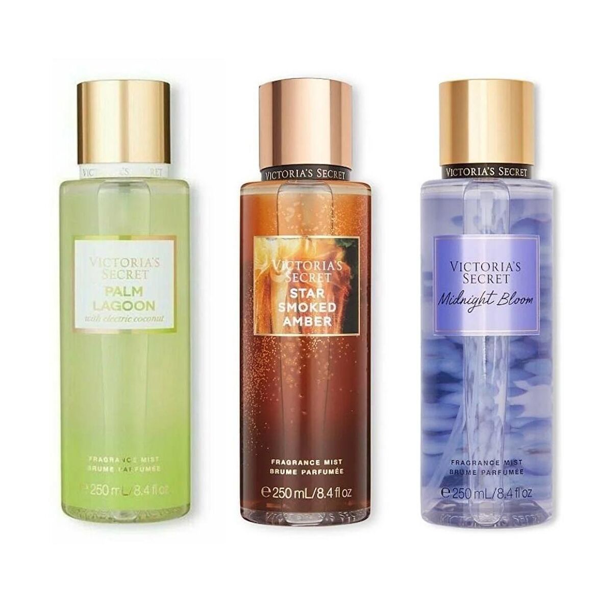 VICTORIA'S SECRET Palm Lagoon-Star Smoked Amber-Midnight Bloom Vücut Spreyi Üçlü Set