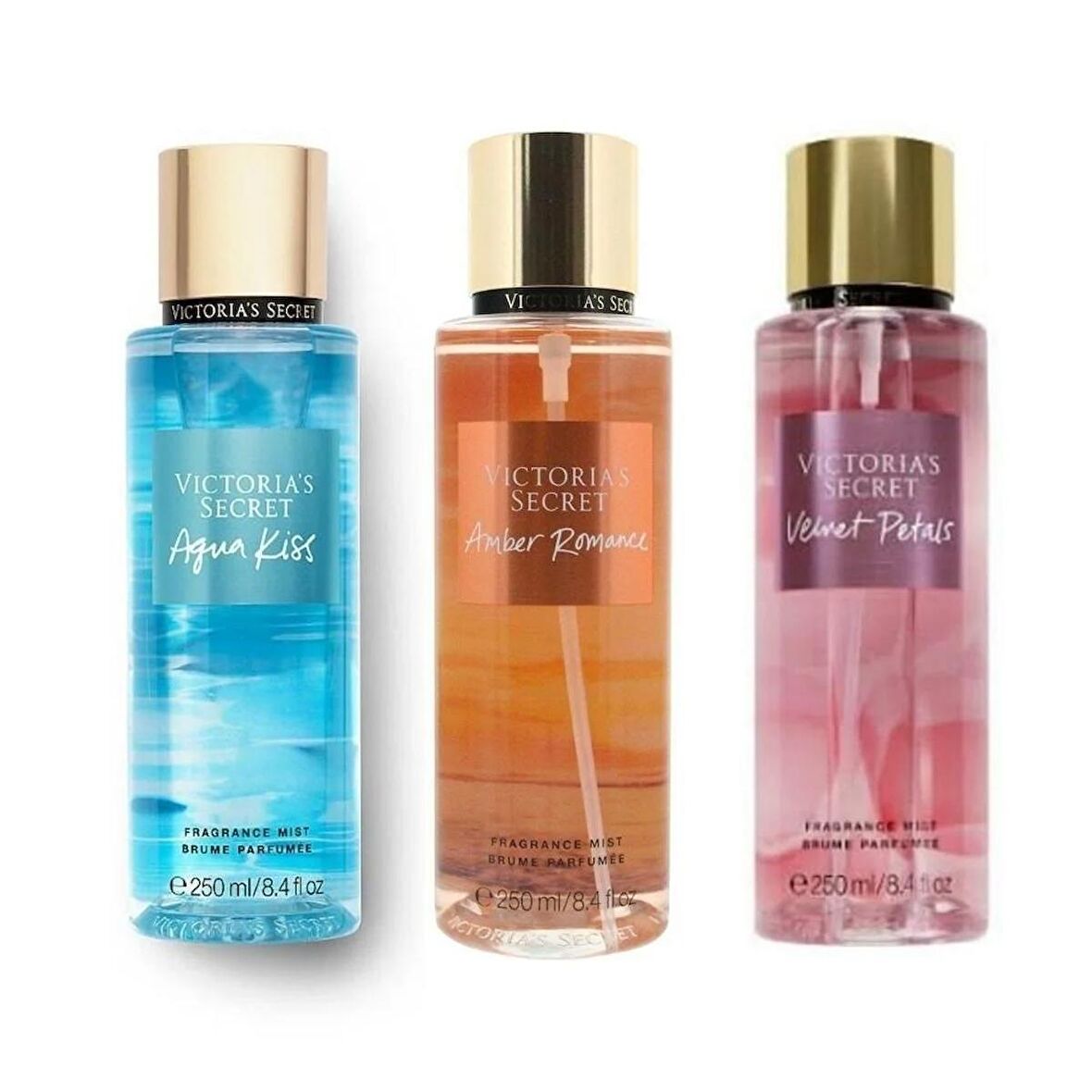 VICTORIA'S SECRET Aqua Kiss-Amber Romance-Velvet Petals Vücut Spreyi Üçlü Set