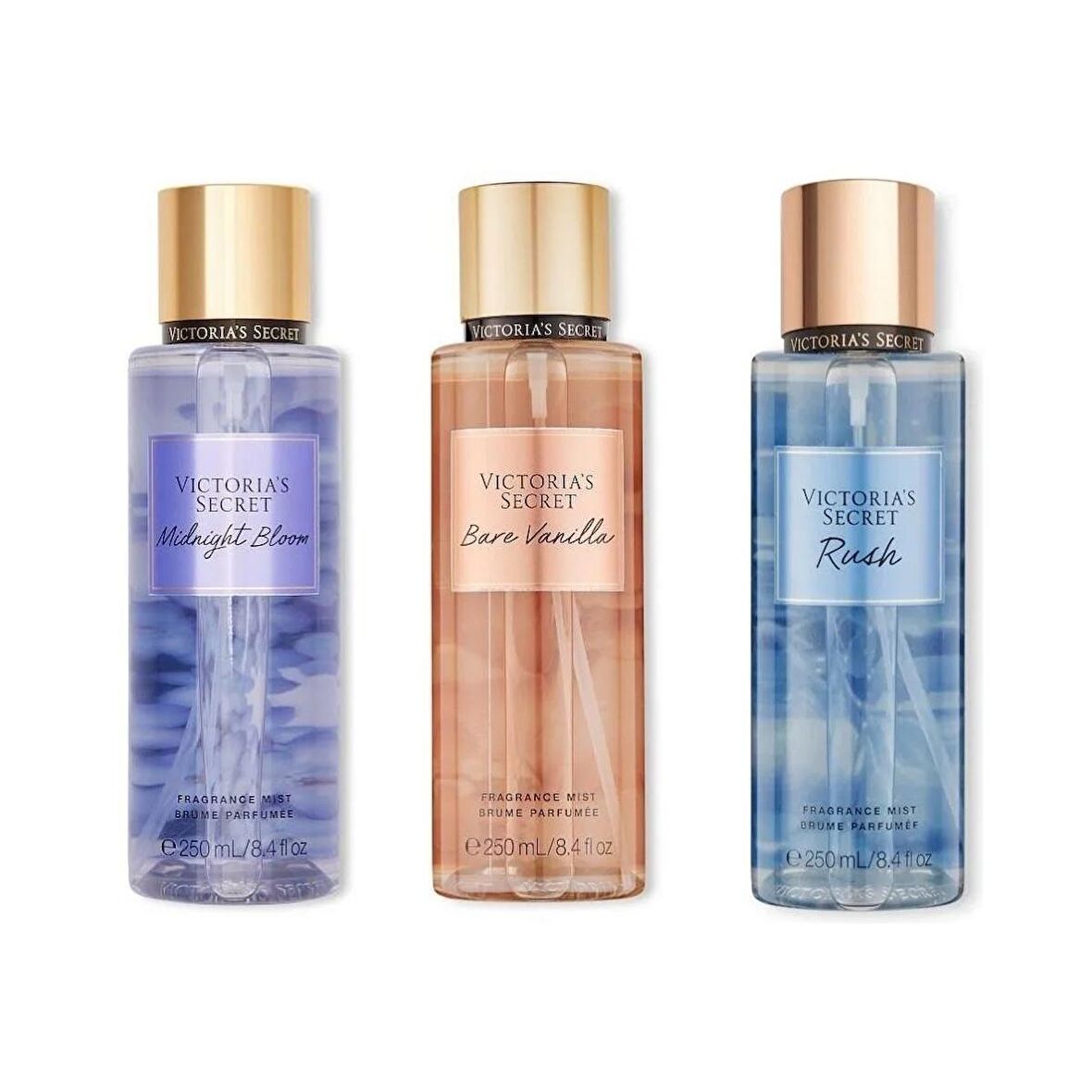 VICTORIA'S SECRET Bare Vanilla-Midnight Bloom-Rush Vücut Spreyi Üçlü Set