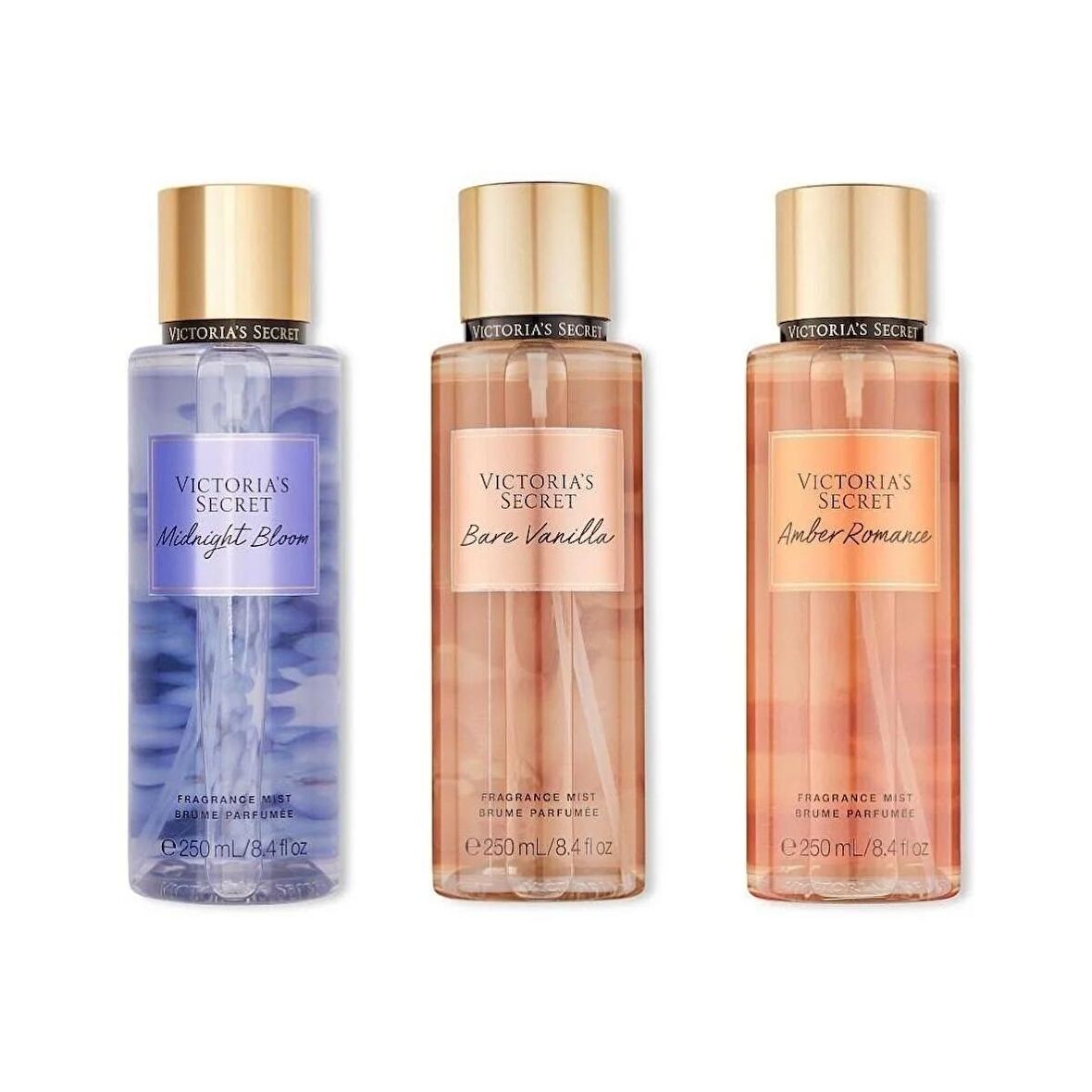 VICTORIA'S SECRET Bare Vanilla-Midnight Bloom-Amber Romance Vücut Spreyi Üçlü Set