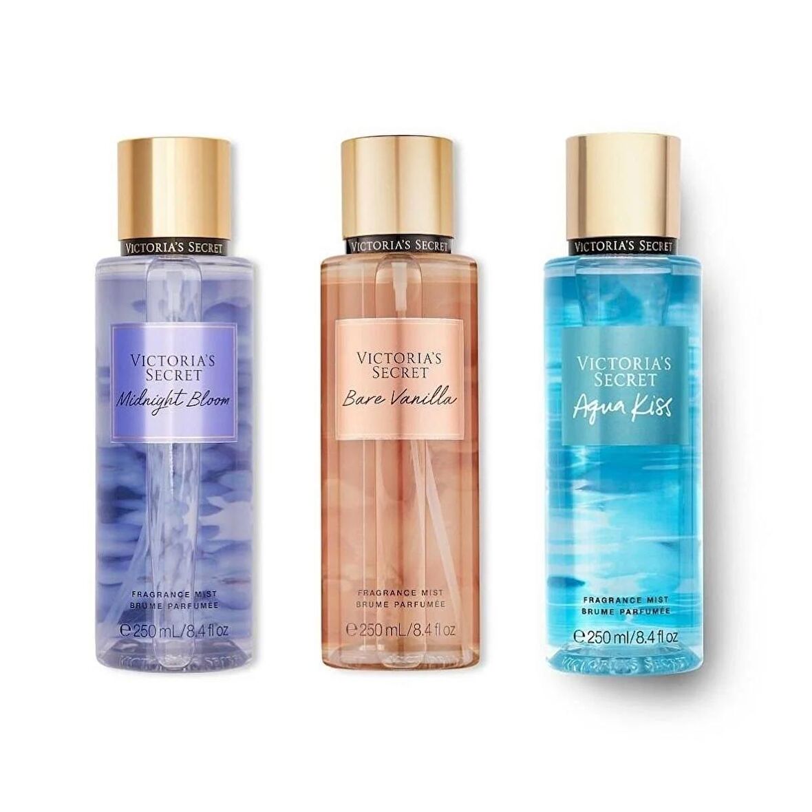 VICTORIA'S SECRET Bare Vanilla-Midnight Bloom-Aqua Kiss Vücut Spreyi Üçlü Set