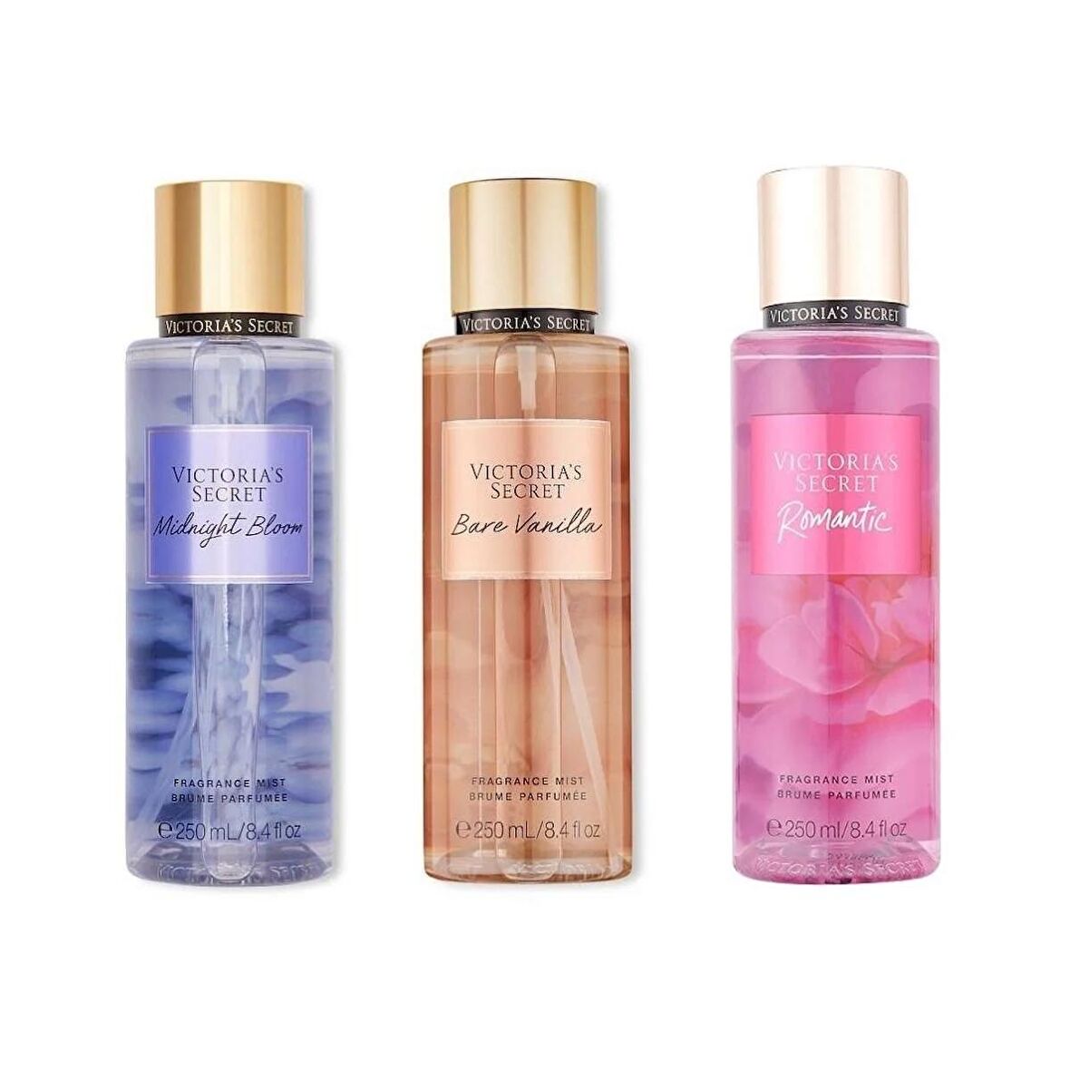 VICTORIA'S SECRET Bare Vanilla-Midnight Bloom-Romantic Vücut Spreyi Üçlü Set