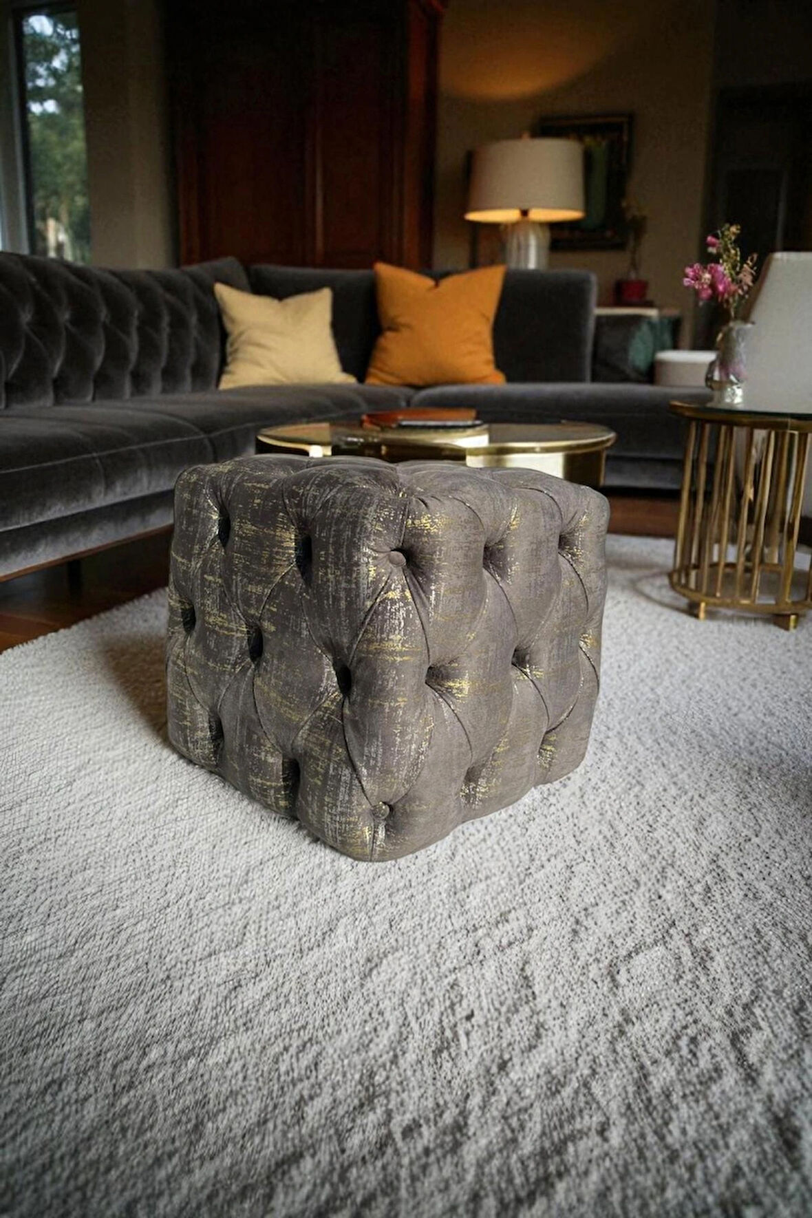 BEST İthal Kadife Babyface Kumaş Varak Baskı Küp Puf - Modern Ve Şık Oturma & Dekoratif Kullanım