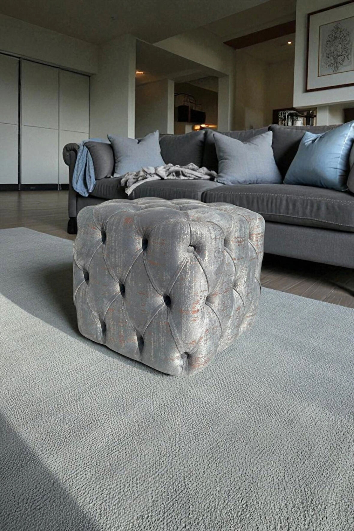 BEST İthal Kadife Babyface Kumaş Varak Baskı Küp Puf - Modern Ve Şık Oturma & Dekoratif Kullanım