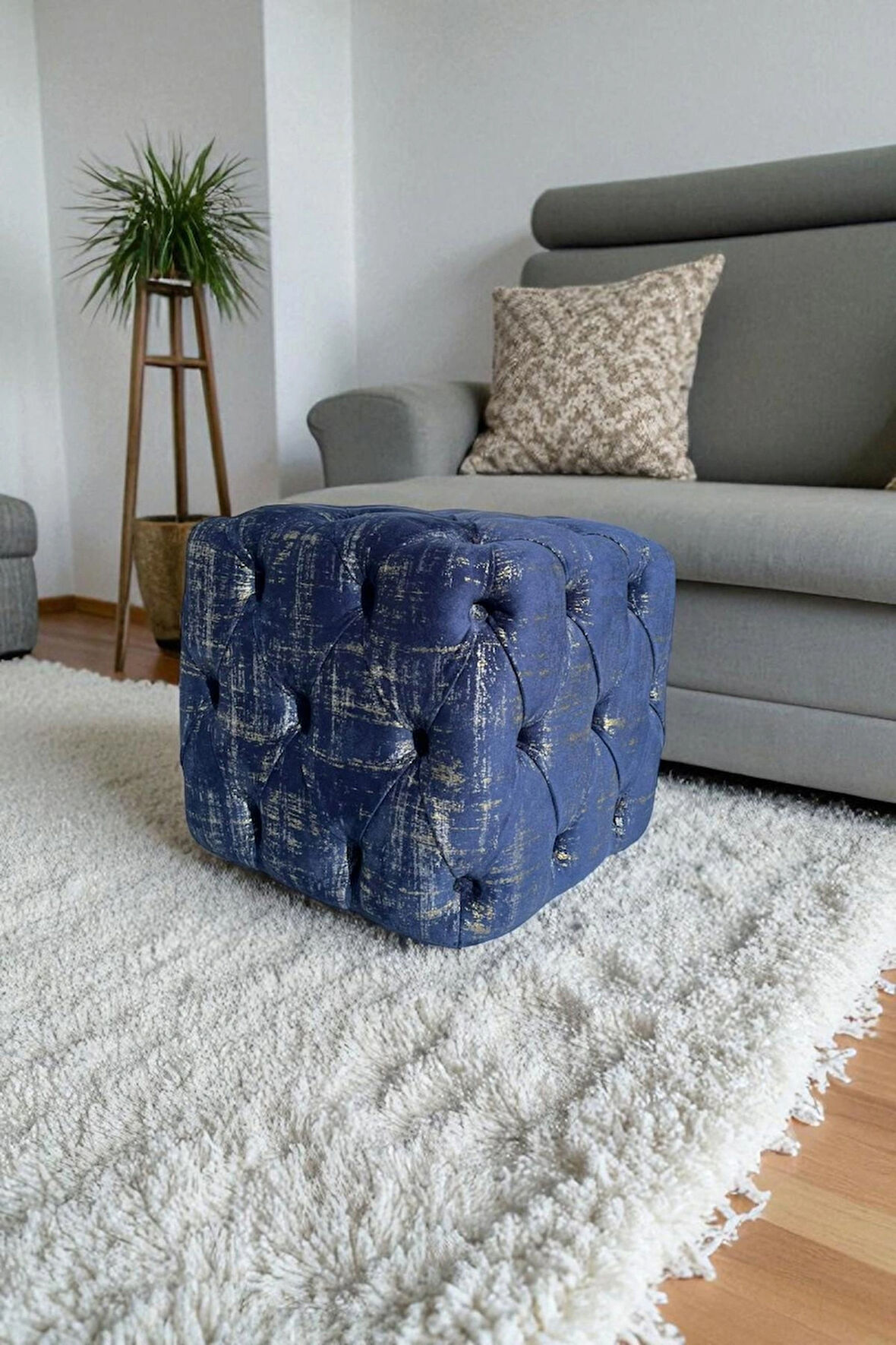 BEST İthal Kadife Babyface Kumaş Varak Baskı Küp Puf - Modern Ve Şık Oturma & Dekoratif Kullanım