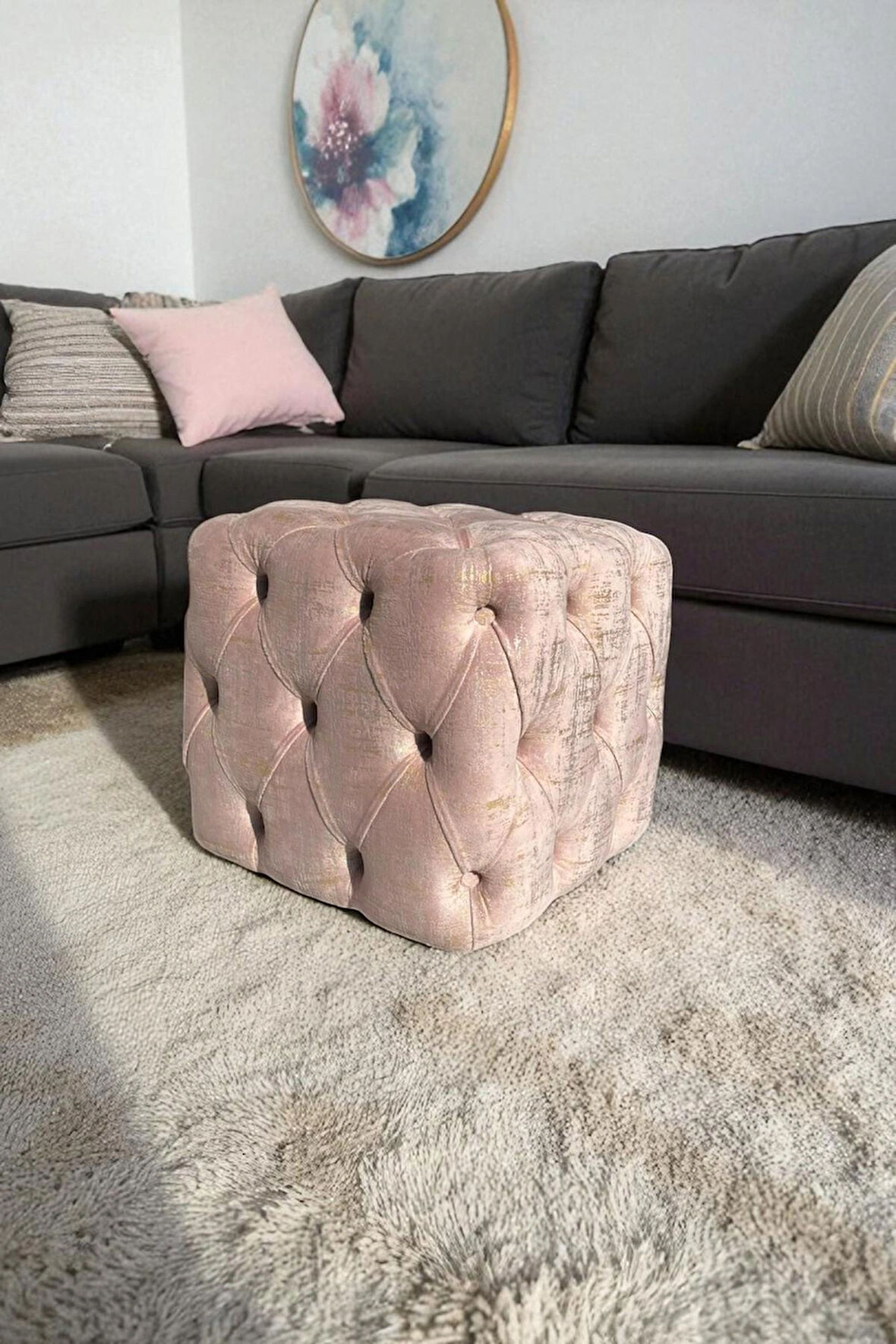 BEST İthal Kadife Babyface Kumaş Varak Baskı Küp Puf - Modern Ve Şık Oturma & Dekoratif Kullanım