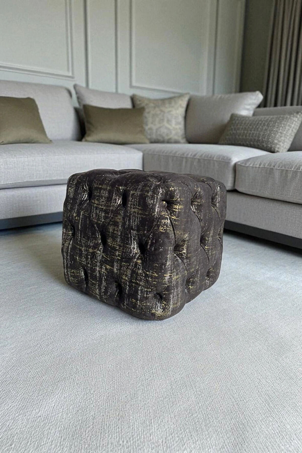 BEST İthal Kadife Babyface Kumaş Varak Baskı Küp Puf - Modern Ve Şık Oturma & Dekoratif Kullanım