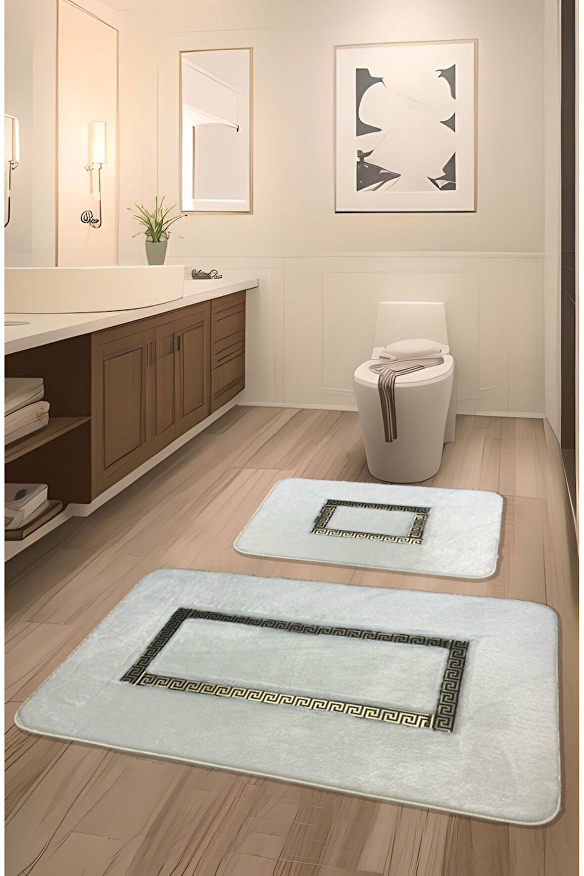 Meram Kaymaz Taban, Yumuşacık, Emici 2'li Ultra Lüks Deri Detaylı Banyo Paspası Seti