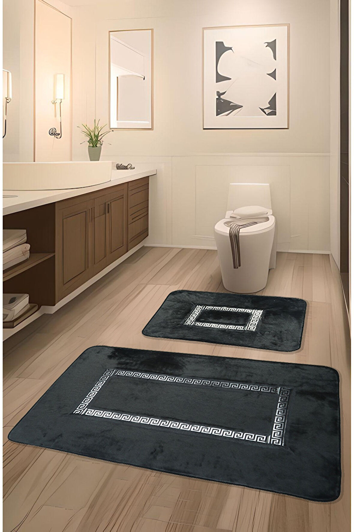 Meram Kaymaz Taban, Yumuşacık, Emici 2'li Ultra Lüks Deri Detaylı Banyo Paspası Seti