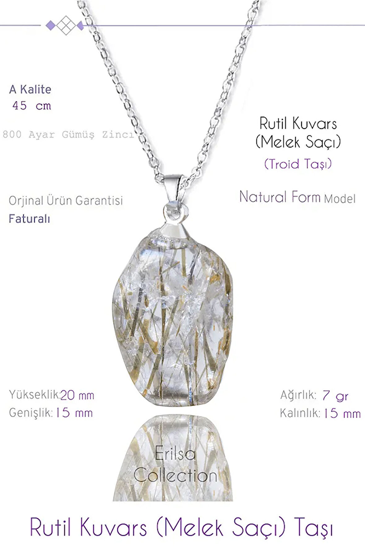 Sertifikalı Tımbıl Model Rutil Kuvars Taşı Kolye (Melek Saçı)