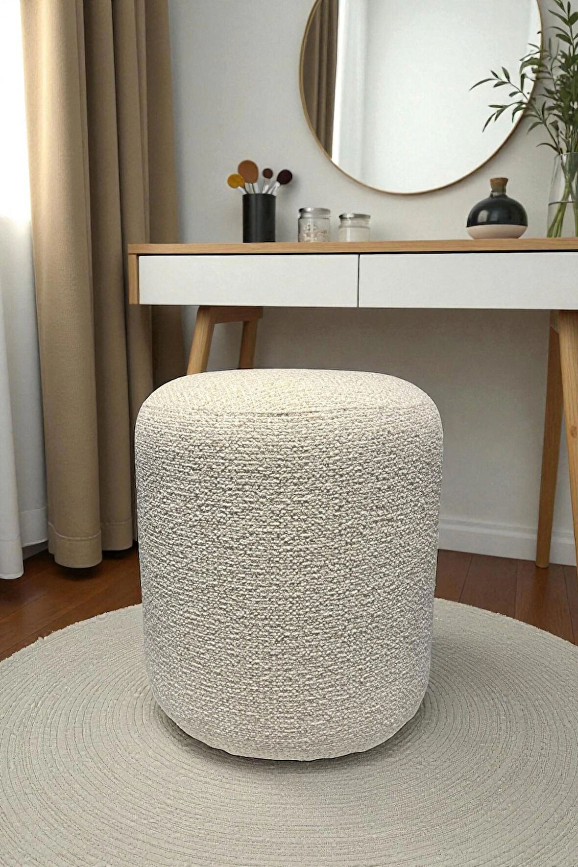 LISBON Bukle Şönil Kumaş Silindir Puf - Modern Dekoratif Oturma Pufu Şık ve Konforlu Bench