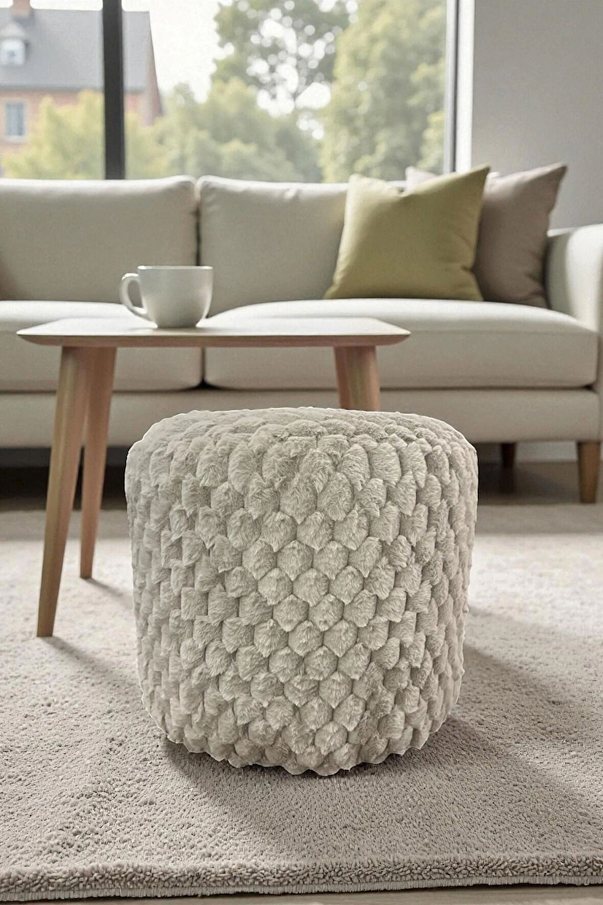 MILANO Yumuşak Rabbit Kumaş (Tavşan Tüyü) Silindir Puf – Modern ve Konforlu Dekoratif Oturma Bench