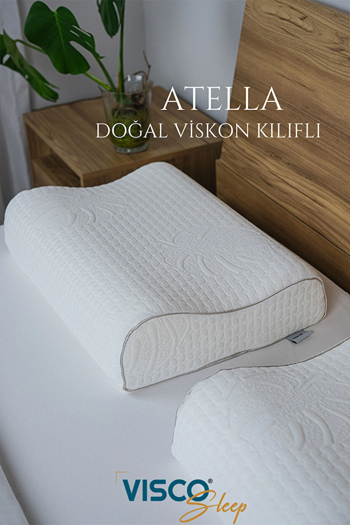 Ortopedik Visco Yastık Boyun Destekli Yastık Visko Yastık Atella Doğal Viskon Kılıflı 60x40x14-12 Cm