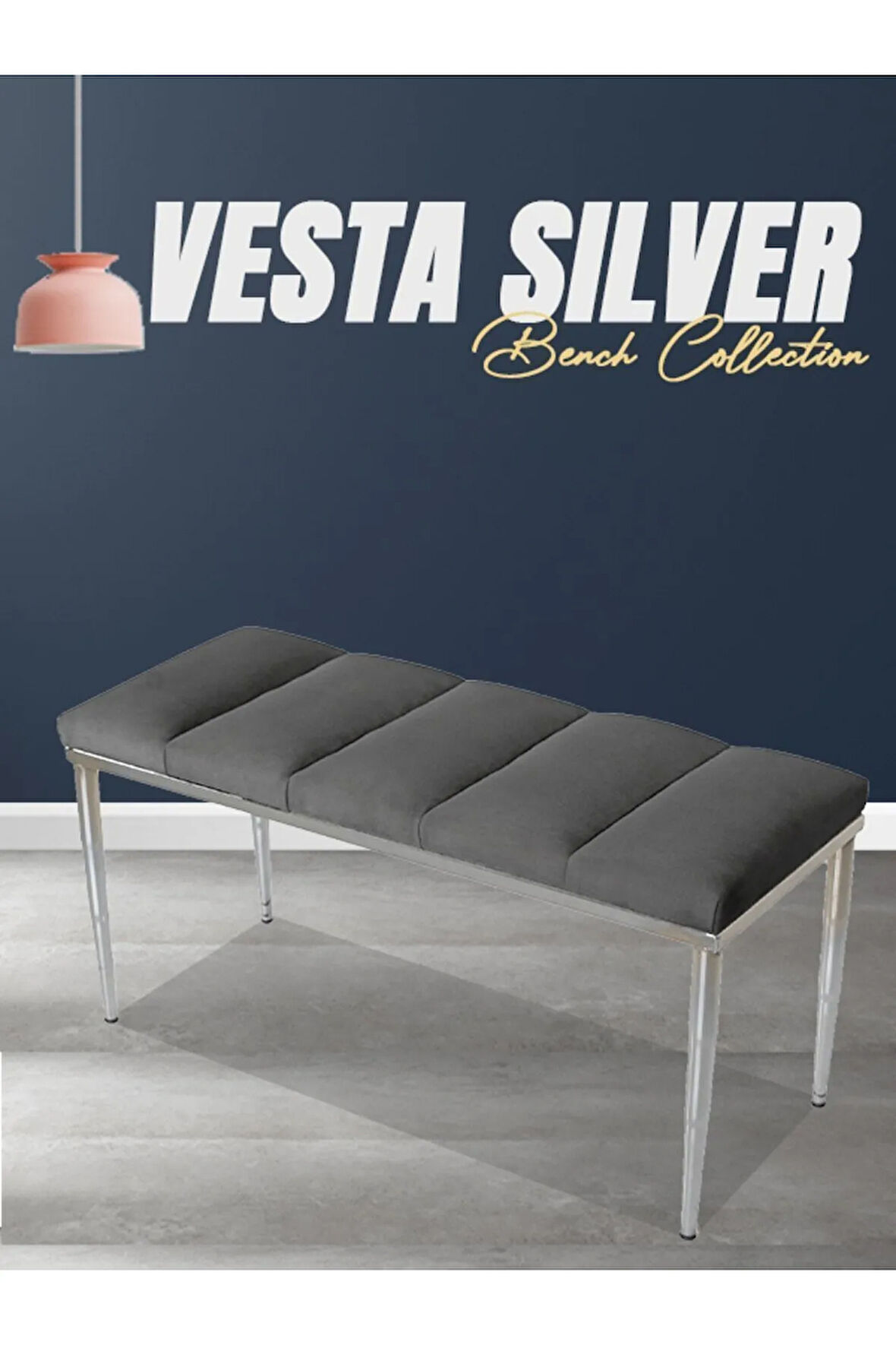 Vesta Silver Bench Luxery Metal Ayaklı Gri Puf