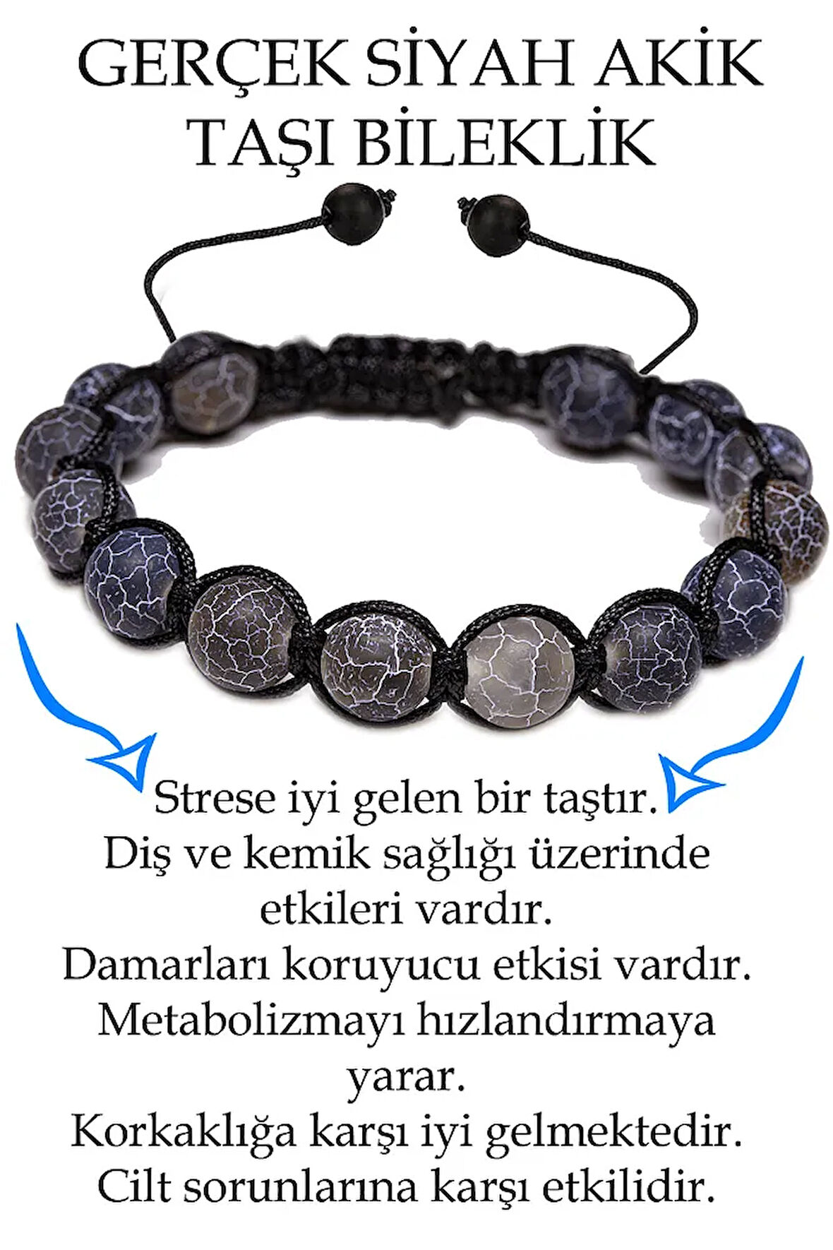 Sertifikalı Damarlı Siyah Akik Taşı Bileklik - Makrome