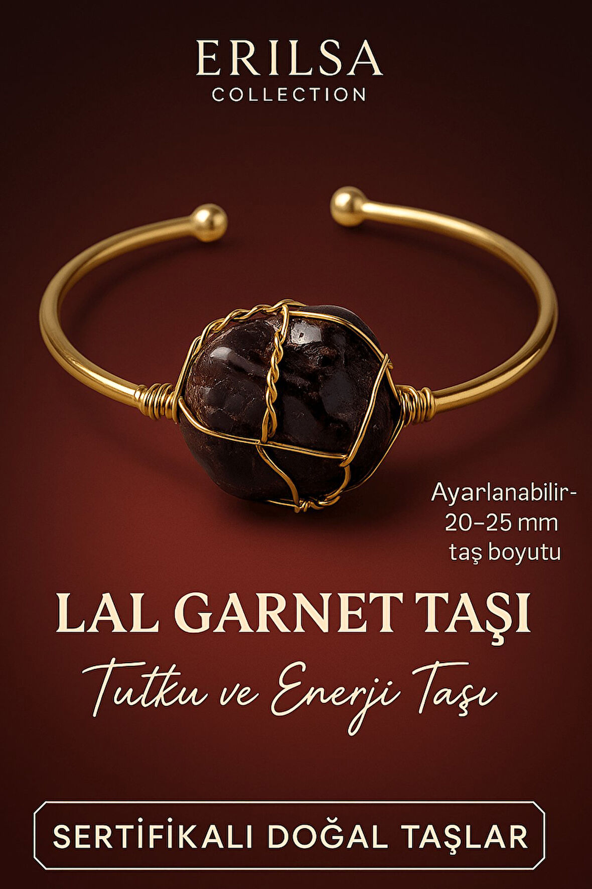 Sertifikalı Doğal Lal Garnet Taşı Ayarlanabilir 24K Altın Kaplama Bileklik 20-25 mm