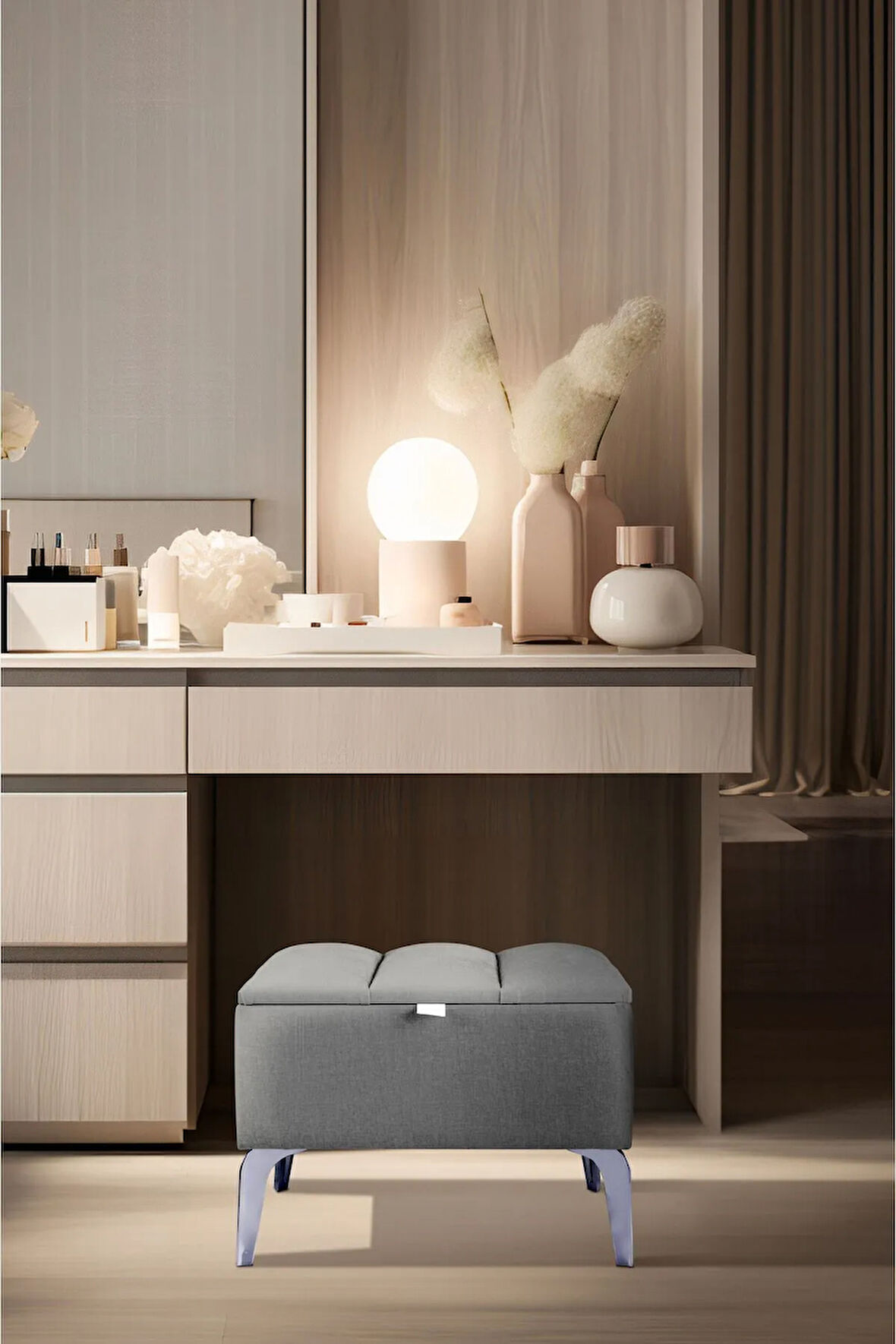 Vetra Mini Royal Gri Kumaş Sandıklıpuf- Gümüş Ayak Dekoratif Bench Puf