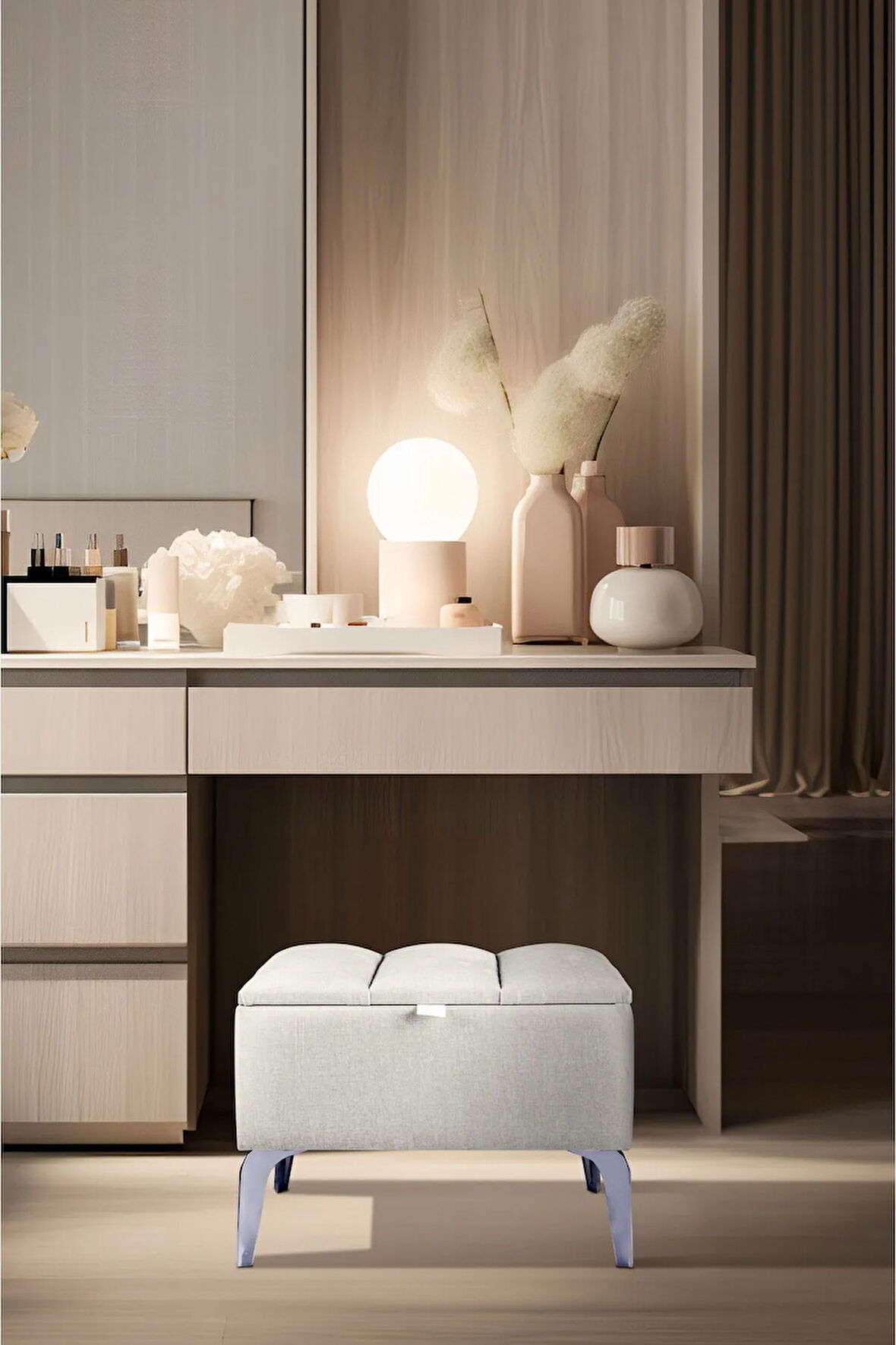 Vetra Mini Royal Beyaz Kumaş Sandıklı Puf- Gümüş Ayak Dekoratif Bench Puf