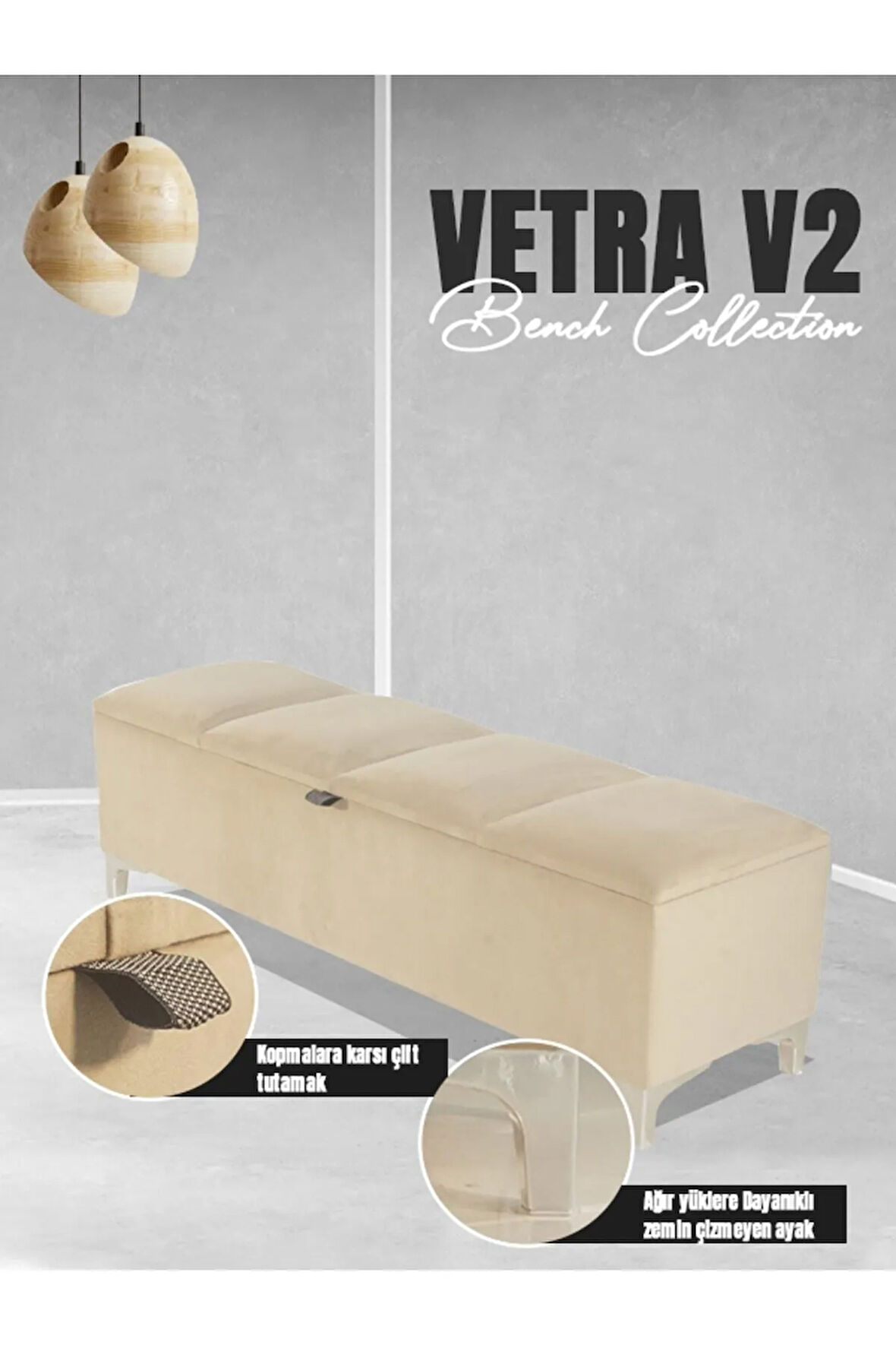 Vetra V2 Sandıklı Puf -  Krem Dilimli Model Sandıklı Puf Bench - Sandıklı Yatak Ucu Bankı