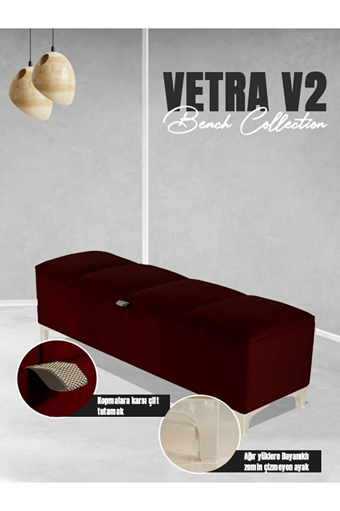 Vetra V2 Sandıklı Puf -  Bordo Dilimli Model Sandıklı Bench Puf - Sandıklı Yatak Ucu Bankı