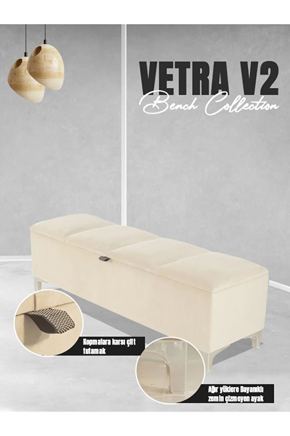 Vetra V2 Sandıklı Puf -  Beyaz Dilimli Model Sandıklı Bench Puf - Sandıklı Yatak Ucu Bankı