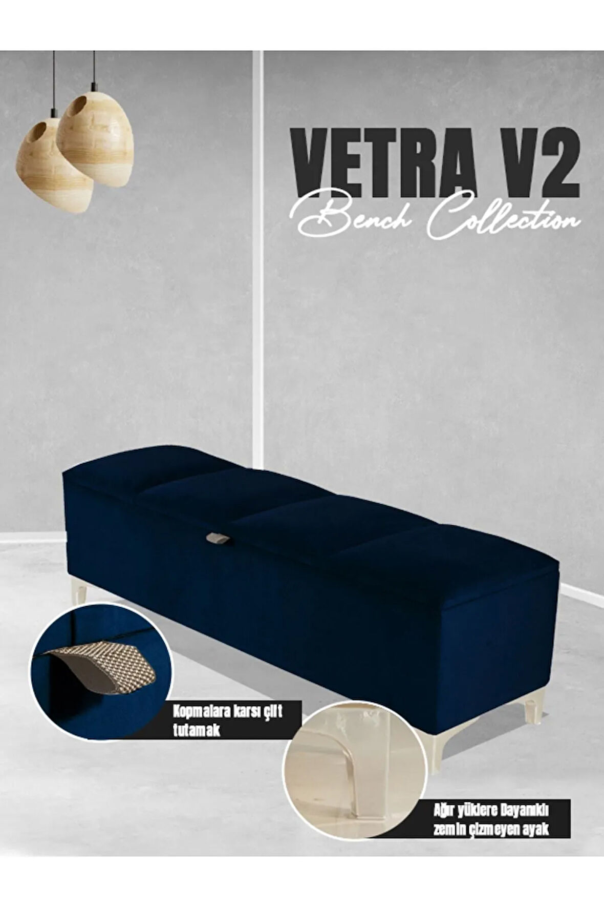 Vetra V2 Sandıklı Puf -  Mavi Dilimli Model Sandıklı Bench Puf - Sandıklı Yatak Ucu Bankı