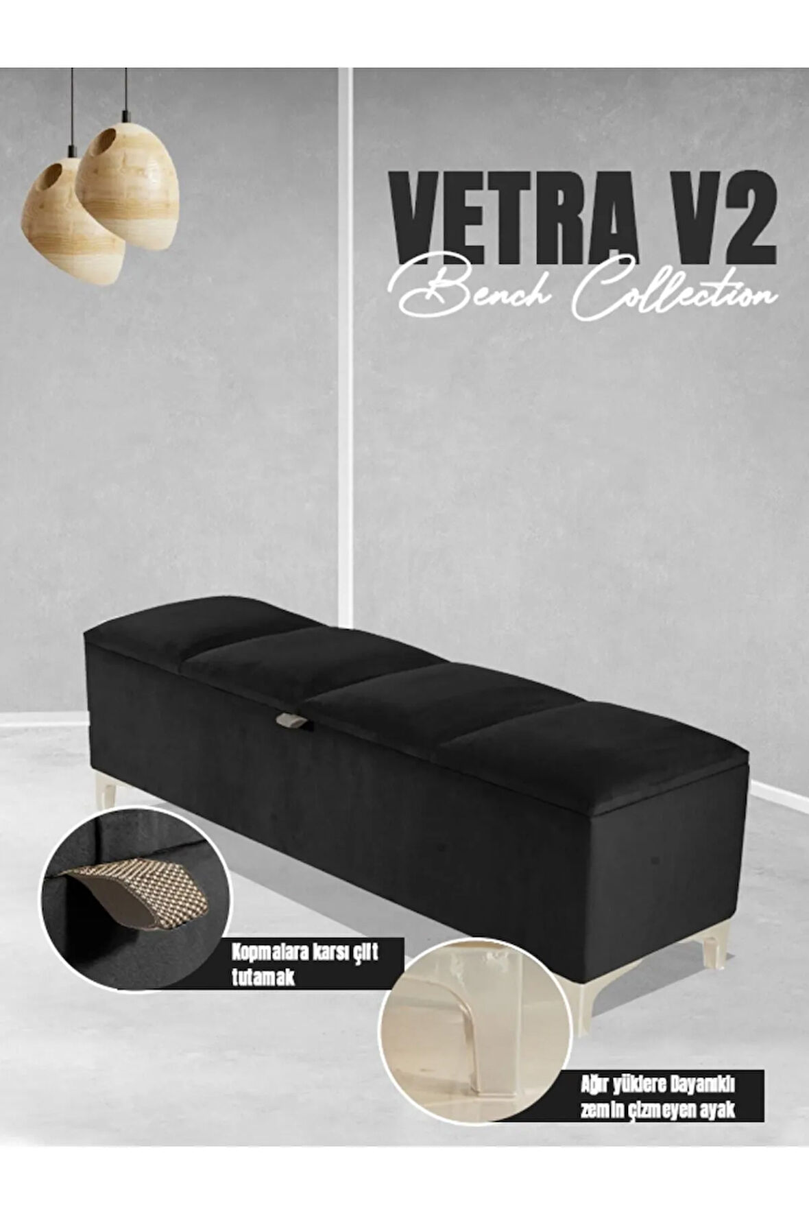 Vetra V2 Sandıklı Puf -  Antrasit Dilimli Model Sandıklı Bench Puf - Sandıklı Yatak Ucu Bankı