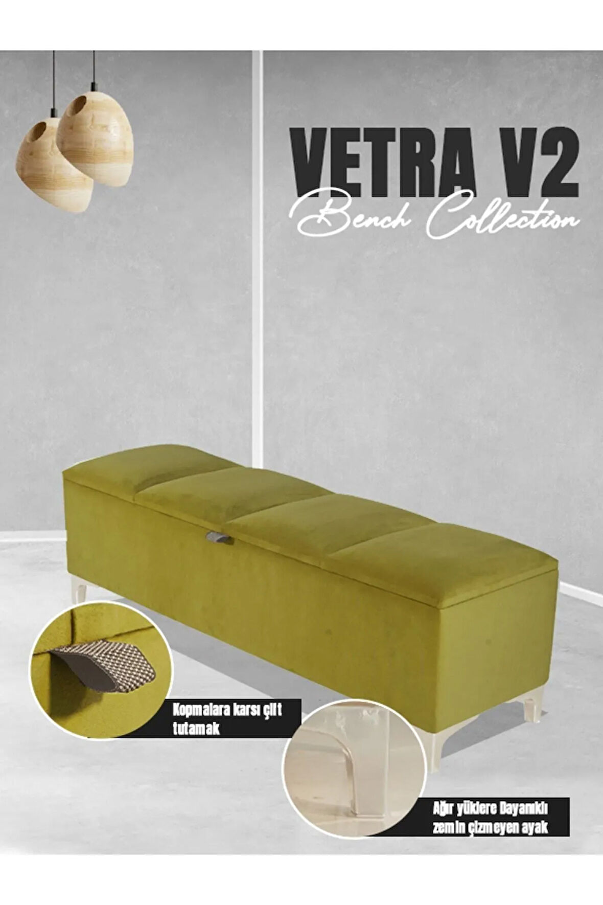 Vetra V2 Sandıklı Puf -  Hardal Dilimli Model Sandıklı Bench Puf - Sandıklı Yatak Ucu Bankı