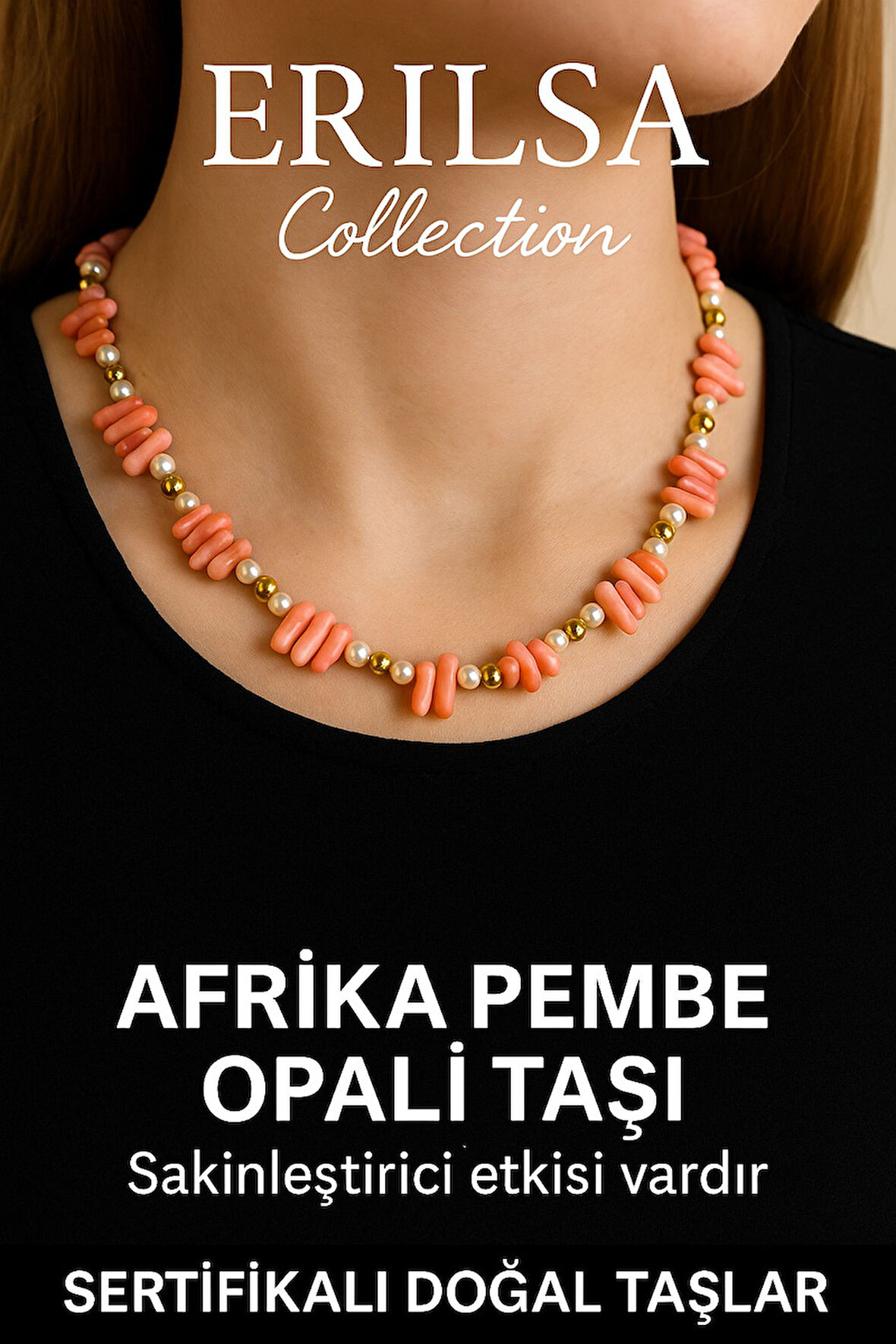 Sertifikalı Diş Model İnci ve Afrika Pembe Opal Taşı Kolye