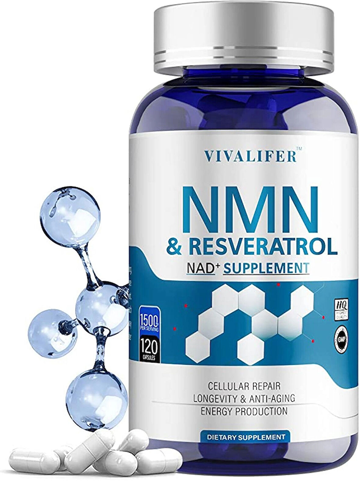 VIVALIFER NMN+NİACİNAMİDE+TMG+Resveratrol Anti-Aging & Antioxidant AGE 1500MG Nicotinamide 120 Caps