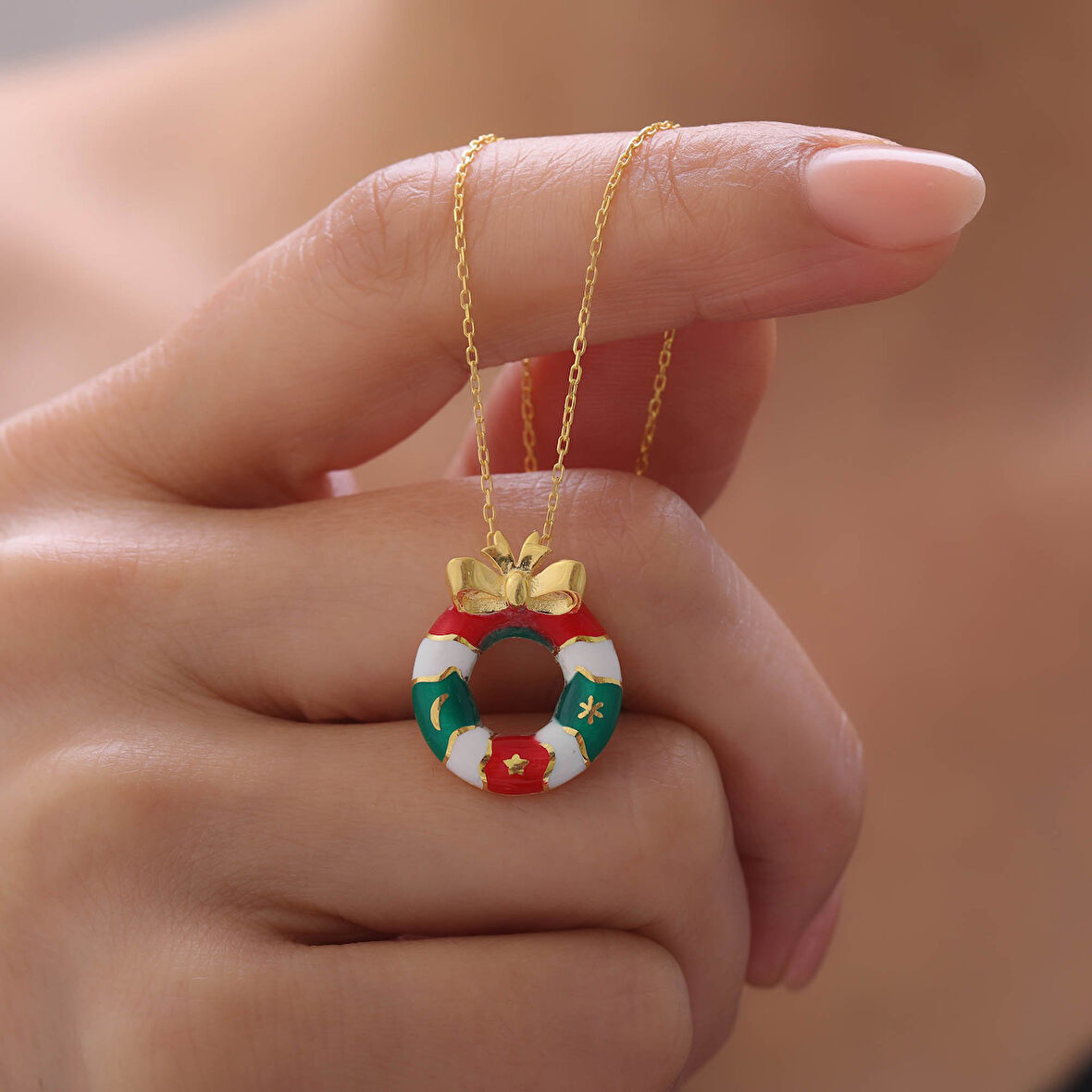 925 Ayar Gümüş Mineli Yılbaşı Kapı Dekorasyonu ve Kurdele Kolye